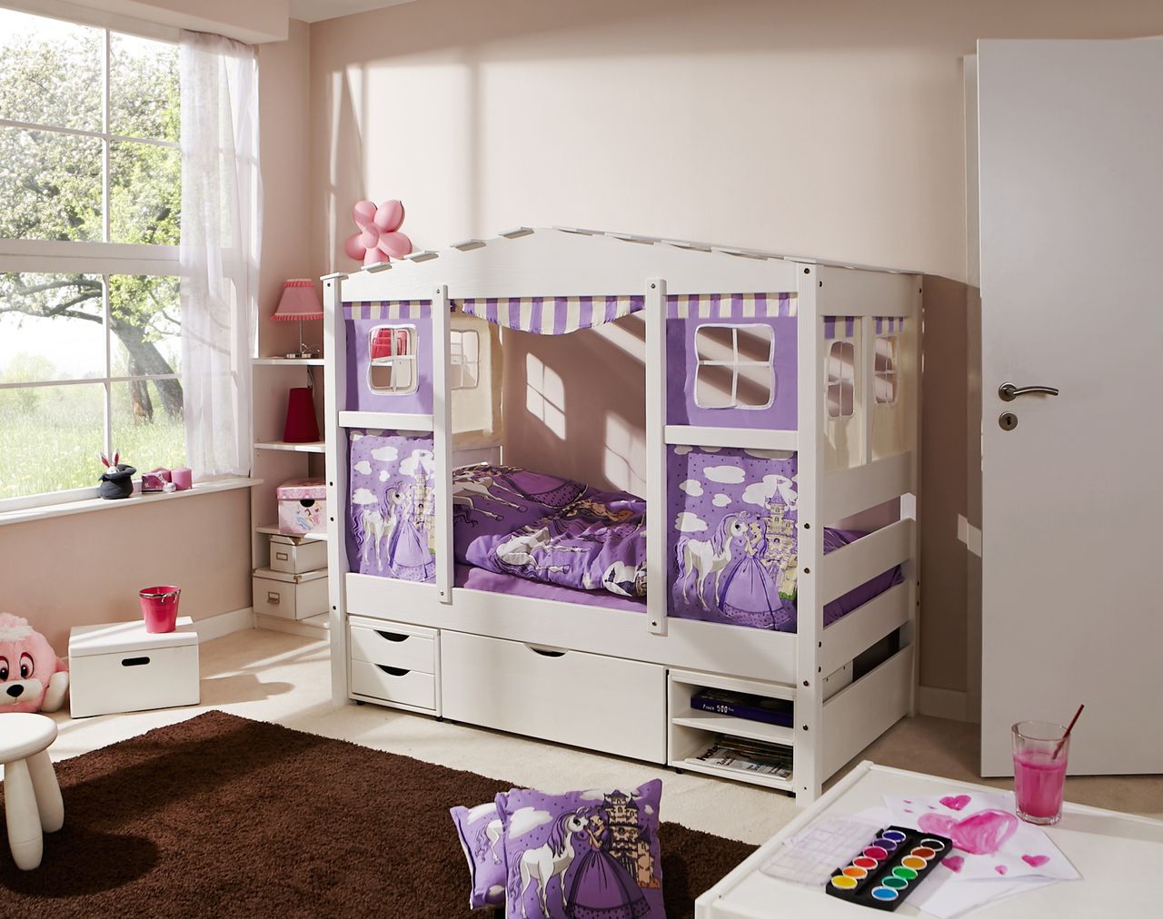 Ticaa Hausbett MINI Prinzessin Lila Var 3 - mit 3er Funktionsschubkasten - inkl. Matratze
