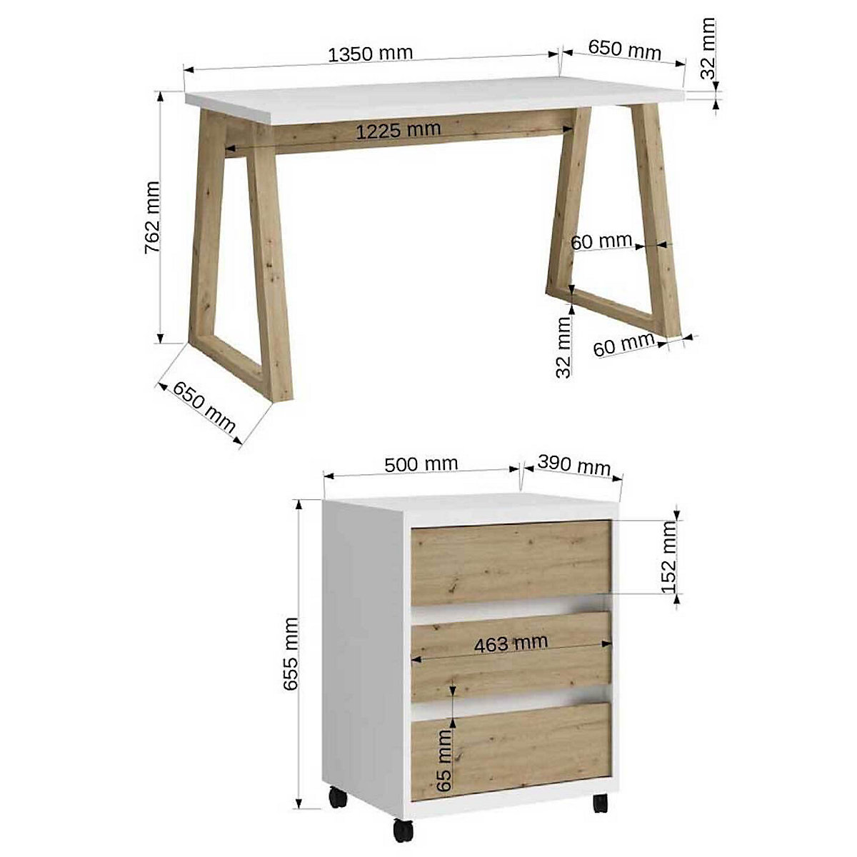 Schreibtisch Set mit Rollcontainer Iwo 135x65x75cm