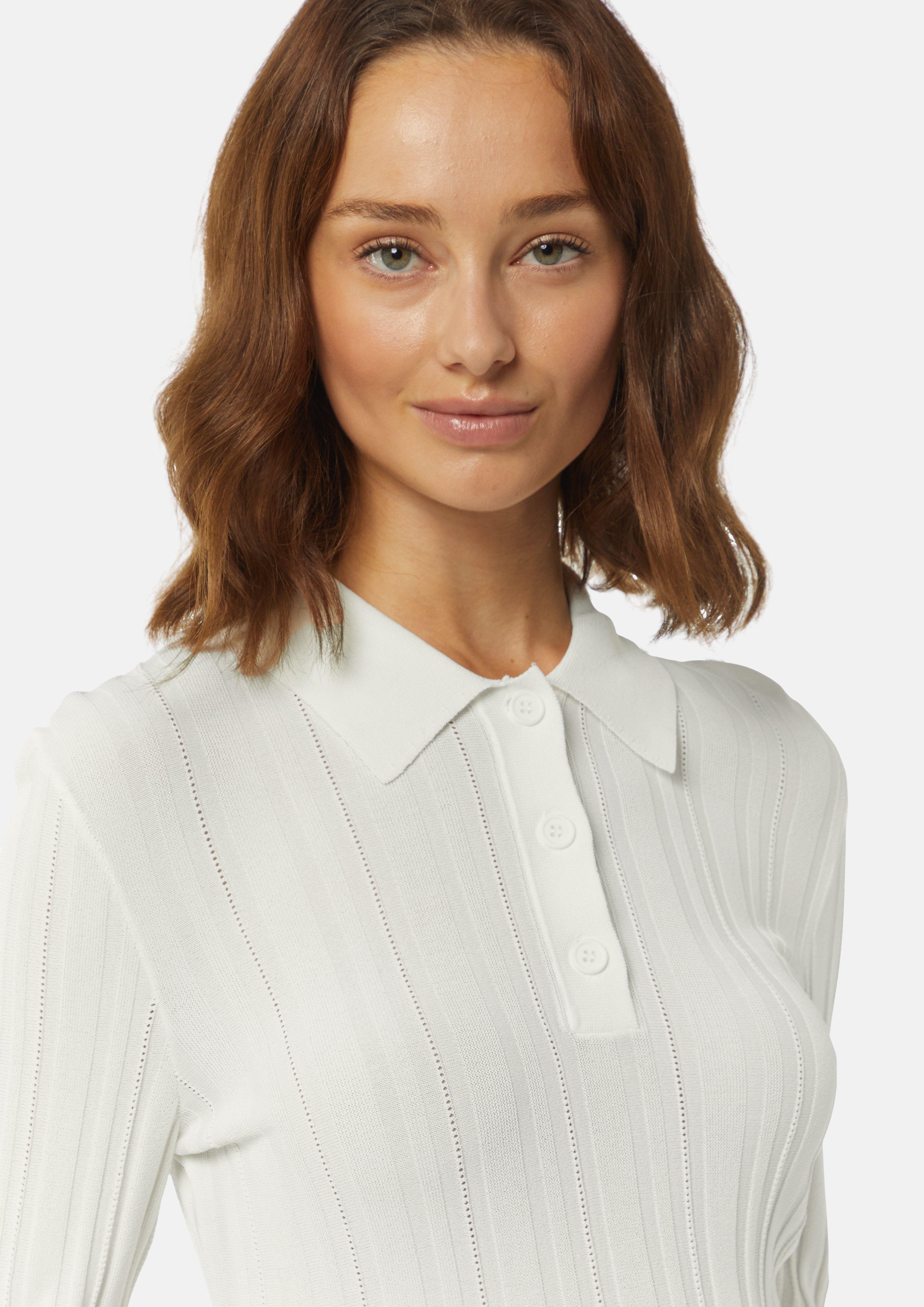 Gerippter Pullover mit Polokragen - weiß