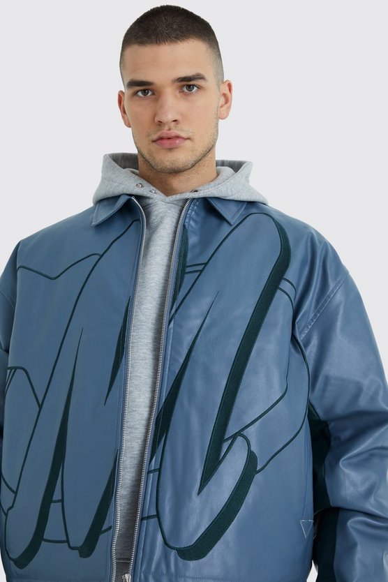 Tall kastige PU-Bomberjacke mit Kontrast-Stickerei