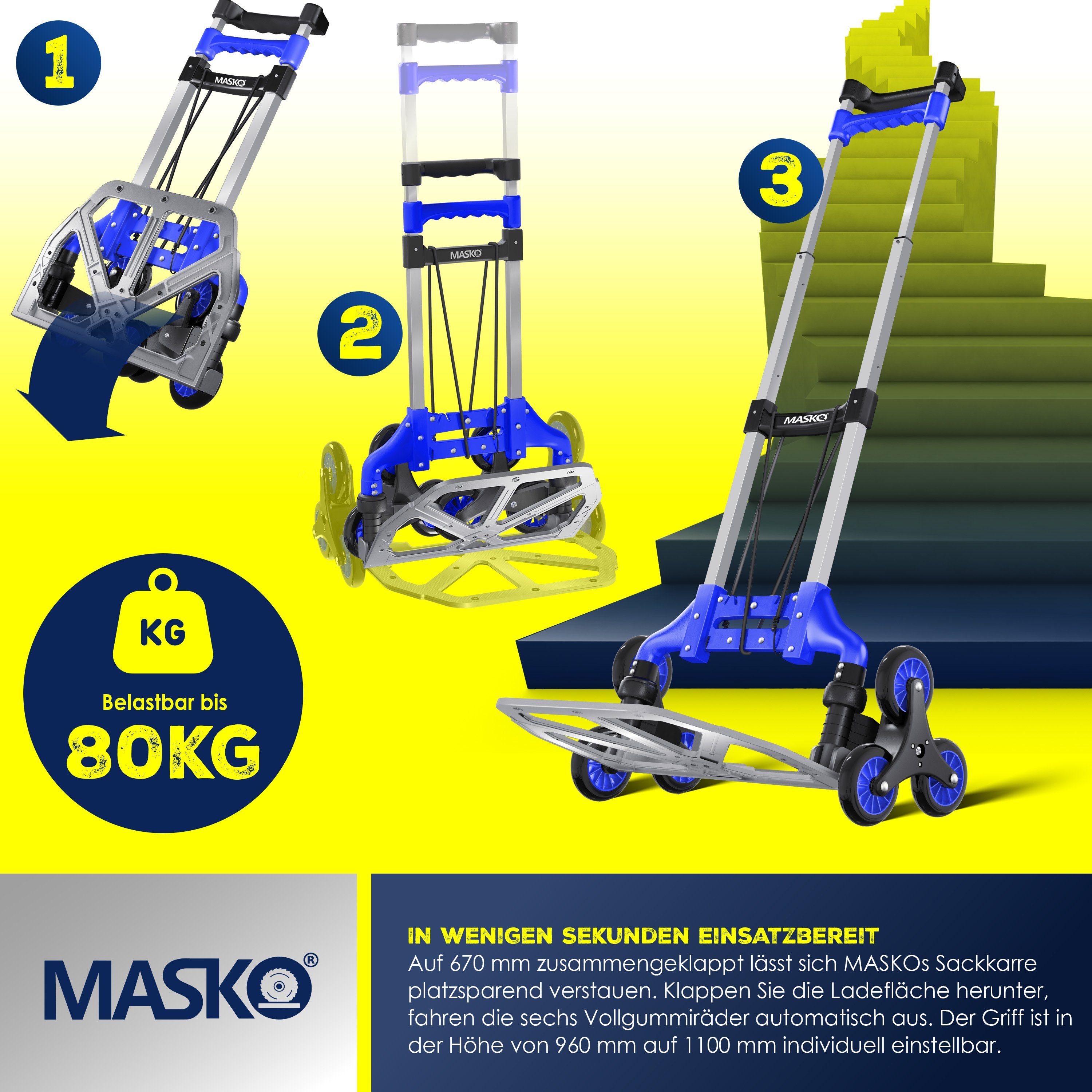 MASKO Sackkarre, Stufen-Sackkarre Treppenkarre Klappbar 80 kg Tragkraft 3x3