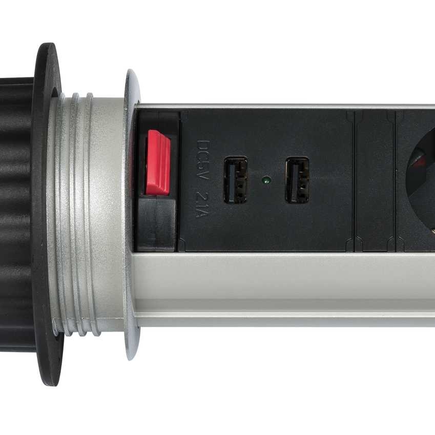 Brennenstuhl 1396200013 Tower Power USB-oplader-strømskinne 3-vejs med dobbelt USB-opladeindgang 2m H05VV-F 3G1.5 Fuldt indbygget i bordplade