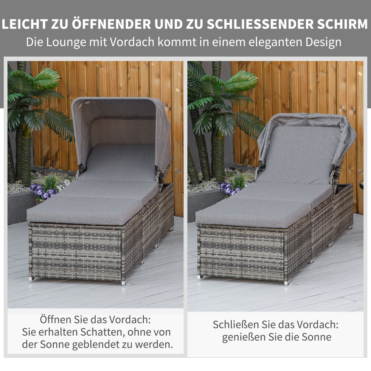 Outsunny Sonnenliege aus Polyrattan mit Sonnendach Gartenliege verstellbar Rattanliege Gartenmöbel Liege mit Kissen Grau 195 x 65 x 40 cm