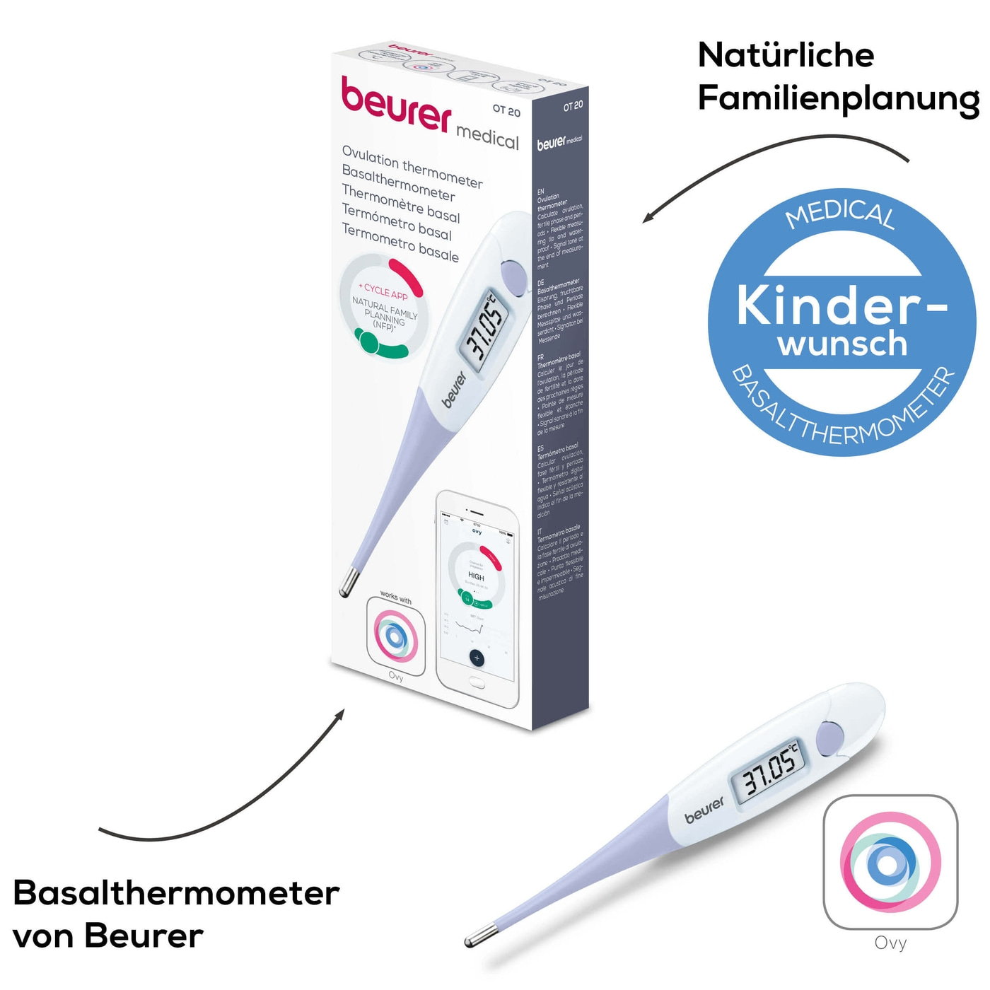 Beurer Basalthermometer OT 20-Basalthermometer für Schwangerschaft oder Zyklustracking - kompatibel mit „Ovy“ App