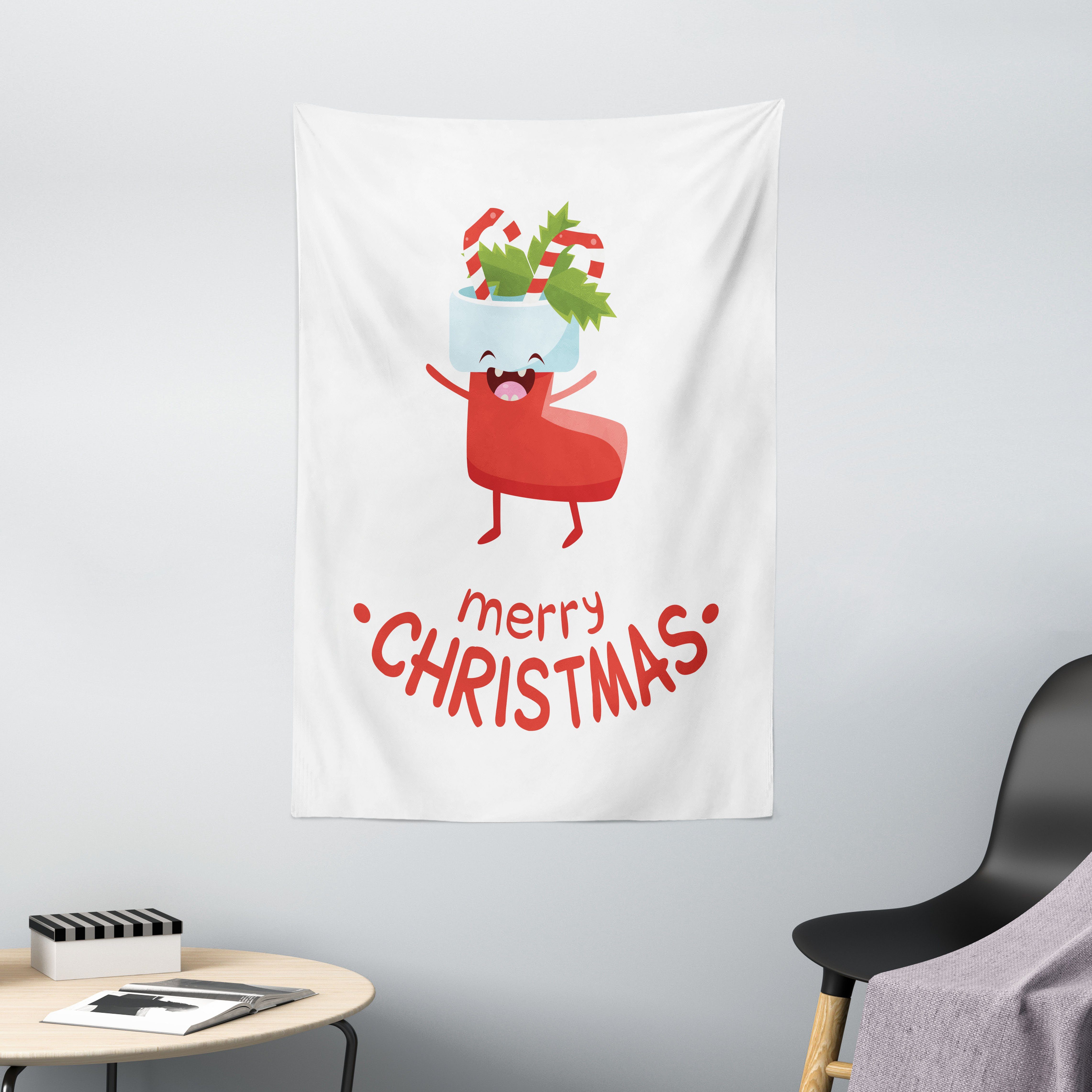Wandteppich Wohnzimmer Schlafzimmer Wandtuch Seidiges Satin Wandteppich, Abakuhaus, rechteckig, Weihnachten Glückliche Socken-Candy Canes