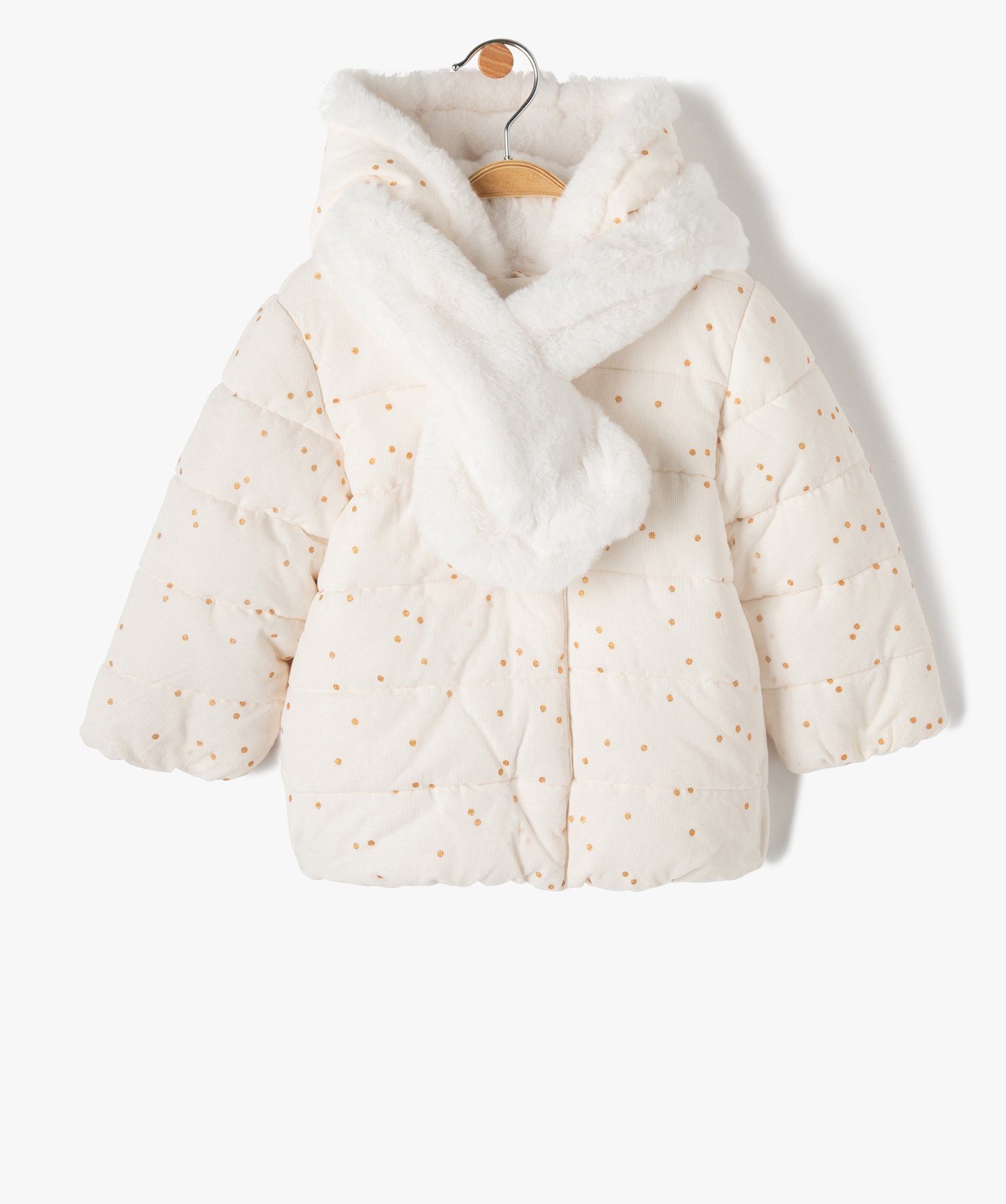 Parka bébé fille en velours ctelé à pois dorés avec écharpe douce