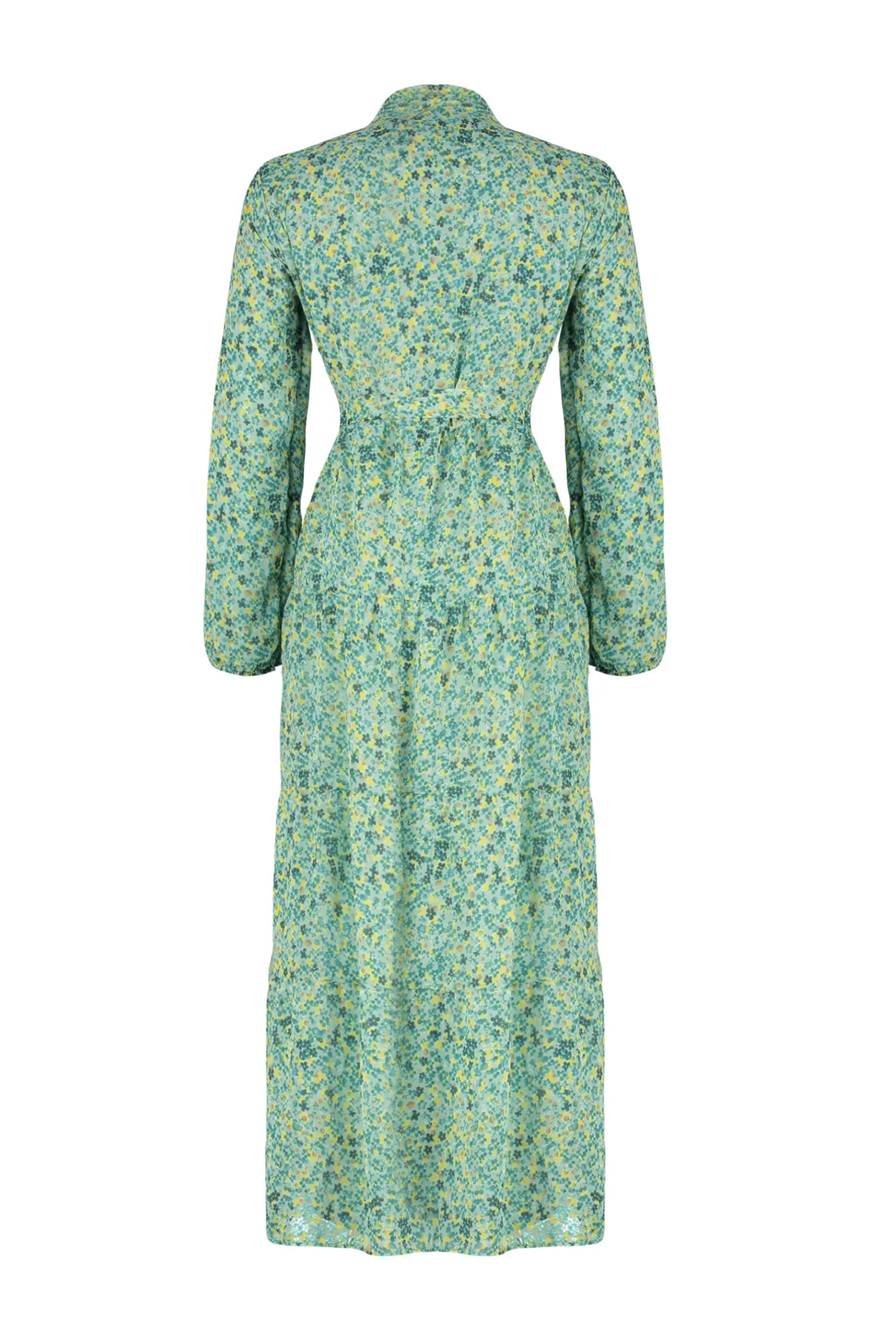 Trendyol Modest  Smaragdgrünes gemustertes, gefüttertes Chiffon-Kleid mit Gürtel, Stehkragen und Futter TCTSS21EL3346
