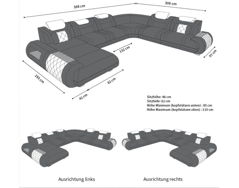 Sofa Dreams Wohnlandschaft Sofa Ledercouch Leder Rimini XXL U Form Ledersofa, Couch, mit LED, wahlweise mit Bettfunktion als Schlafsofa, Designersofa