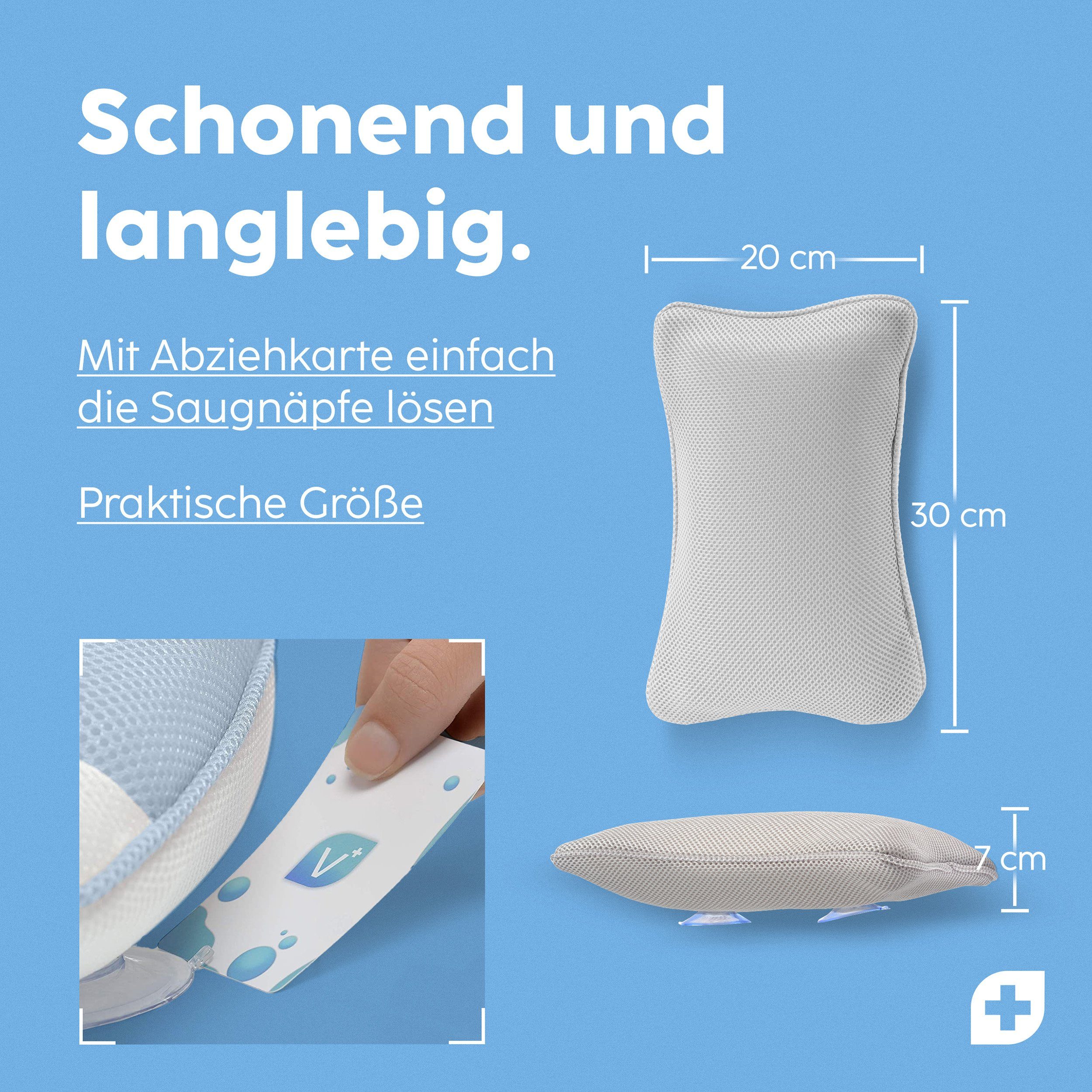 Nackenstützkissen Vesta+ Badewannenkissen S mit Saugnäpfen und Haken, Badekissen, Vesta+, Waschmaschinentauglich, Klimaneutral und nachhaltig, Badewannenkissen