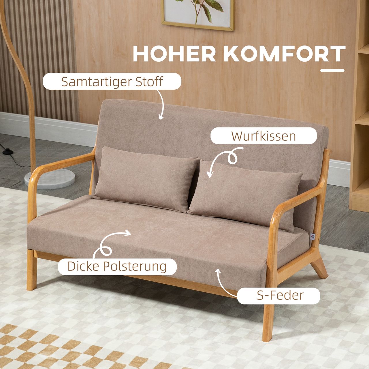 HOMCOM 2-Sitzer Sofa Zweisitzer mit Kissen, Doppelsofa mit Samtoptik Hellgrau