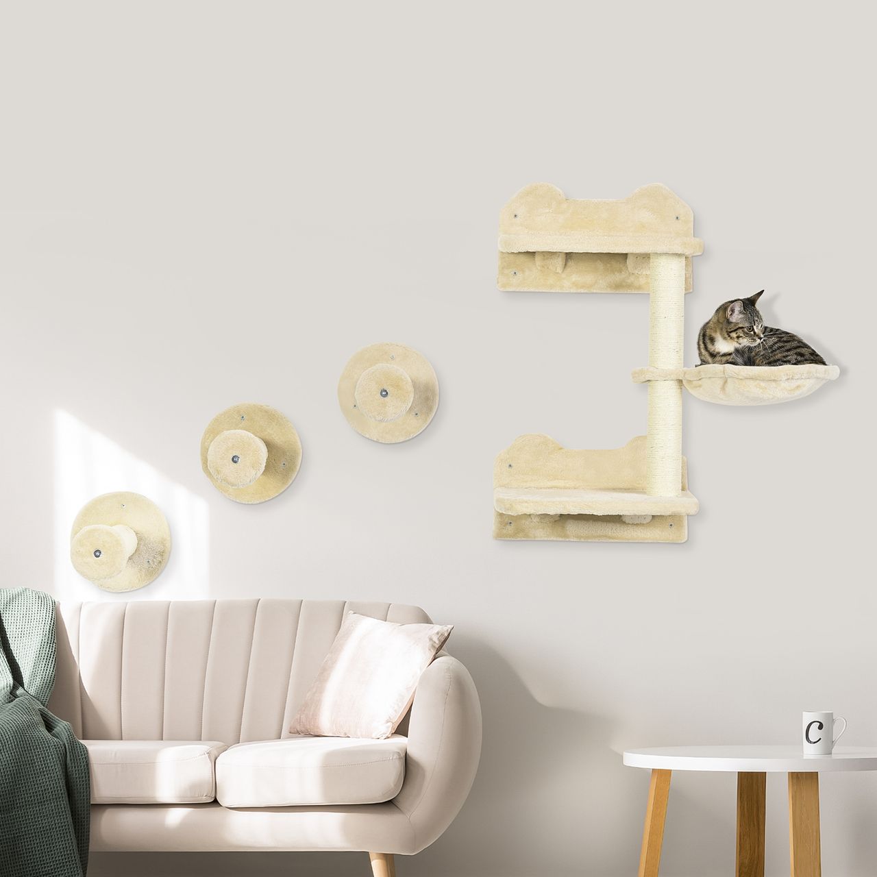 PawHut Katzen Kletterwand, 4-teilig, Kletterwand Set, Katzenkletterwand, Beige