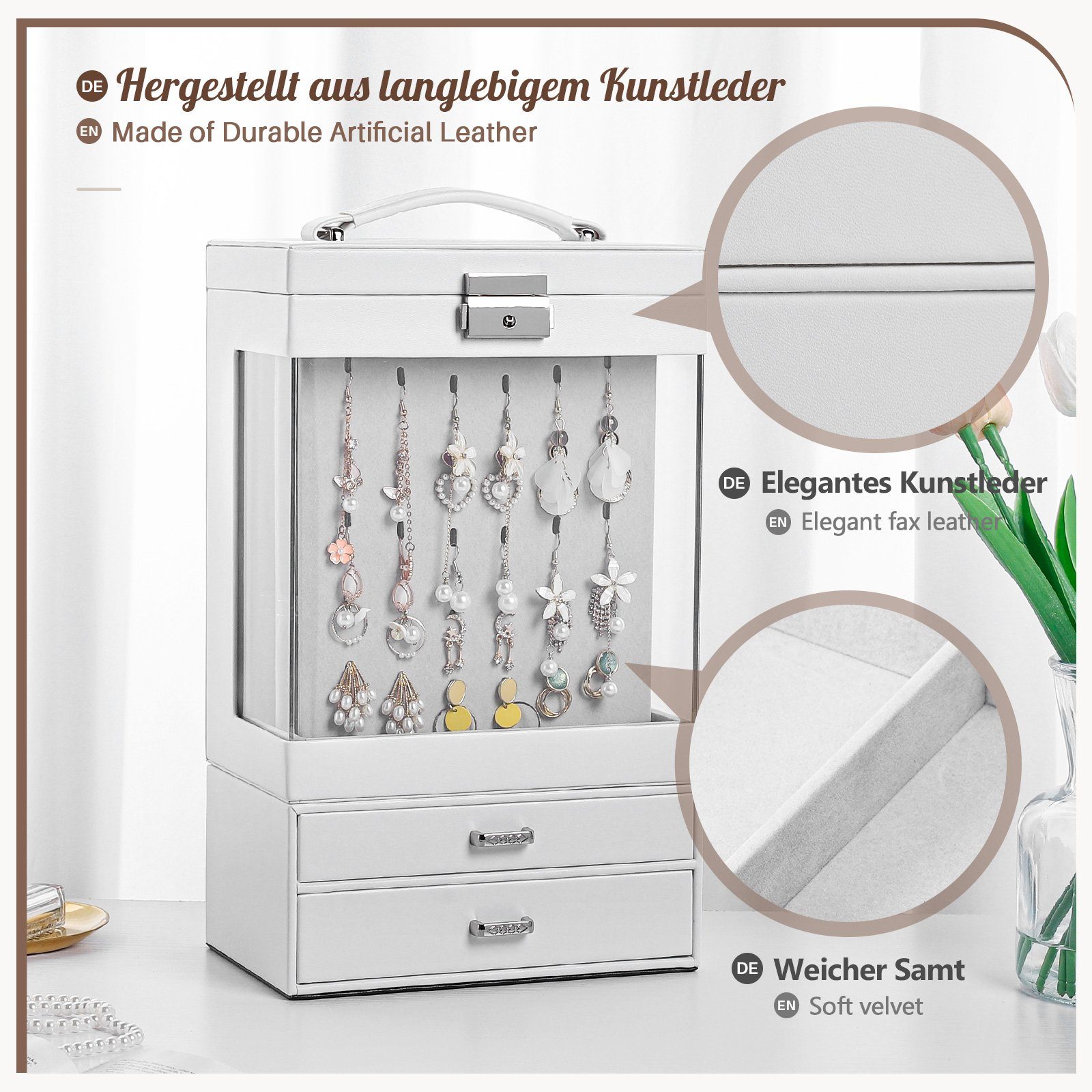 Yorbay Schmuckkasten Zweiteiliger Schmuckkoffer mit 4 Karten und 2 Schubladen, Weiß (Abschließbare Schmuckschatulle, Mit großem Sichtfenster, Mit Spiegel), Schmuckkästchen für Halsketten, Ringe, Armbänder, Ohrringe, Uhren
