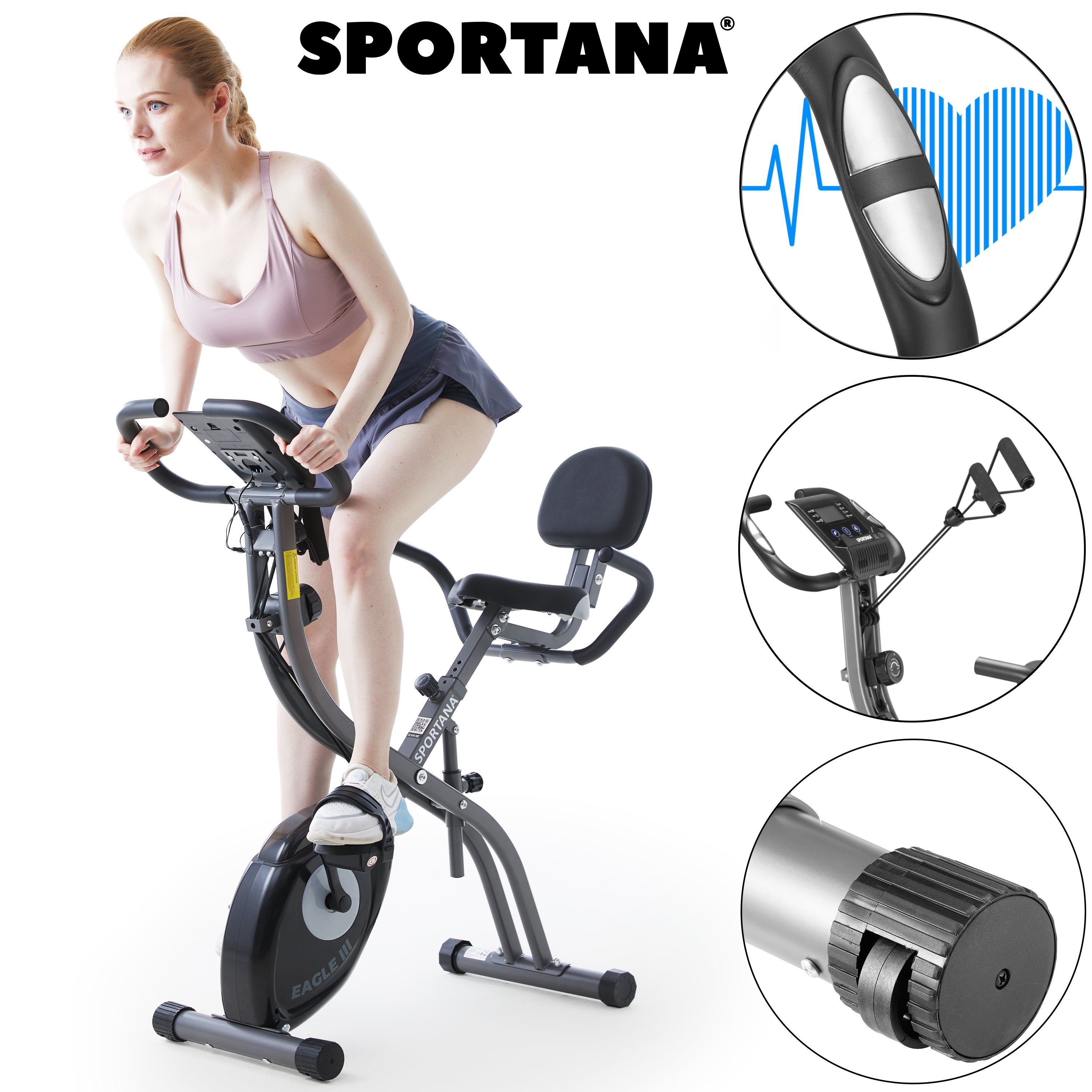 Sportana Heimtrainer, Heimtrainer Eagle 3 klappbar 10 Stufen Pulssensoren 2 Fitnessbänder