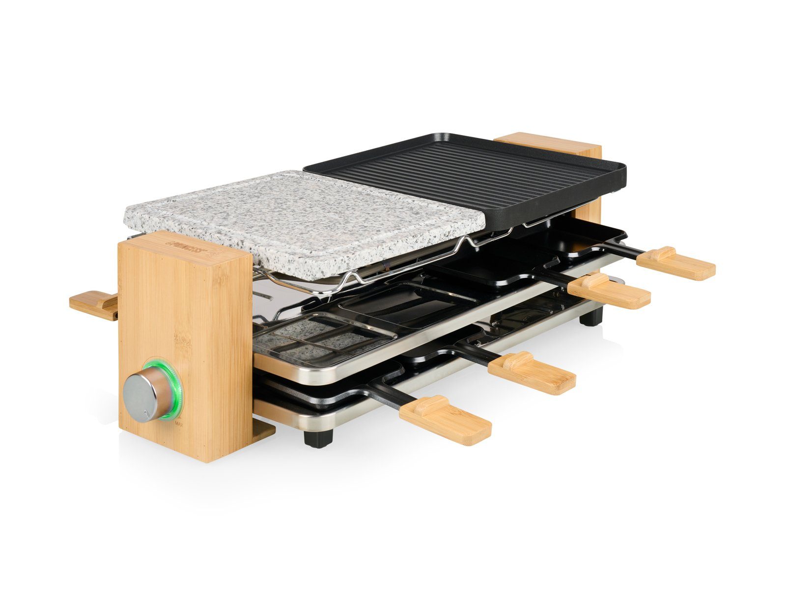 PRINCESS Raclette, 1300 W, Bambus 5in1 Gerät für 2-8 Personen Tisch-Grill & Steingrill-Platte