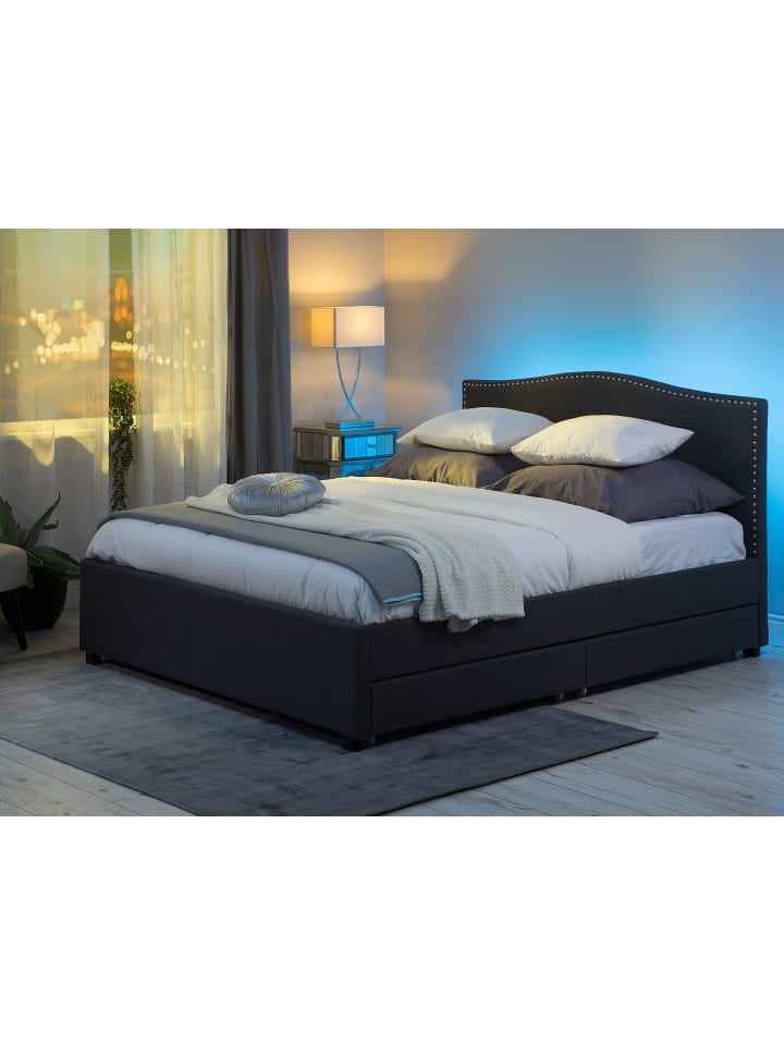 Beliani Doppelbett mit LED MONTPELLIER in Grau/Dunkler Holzfarbton günstig kaufen onesize