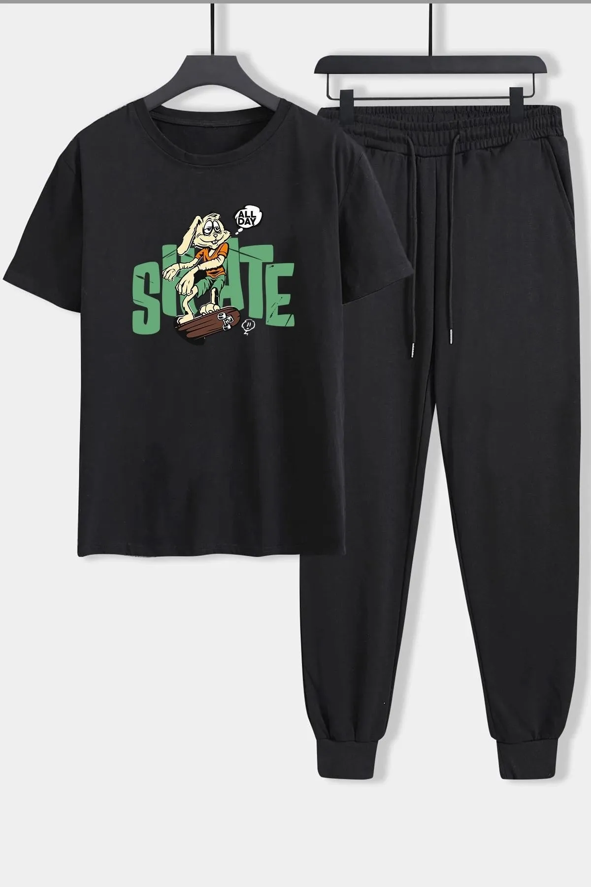 uyguntarz  Unisex All Day Rabbit bedrucktes 2-teiliges Trainingsanzug-Set