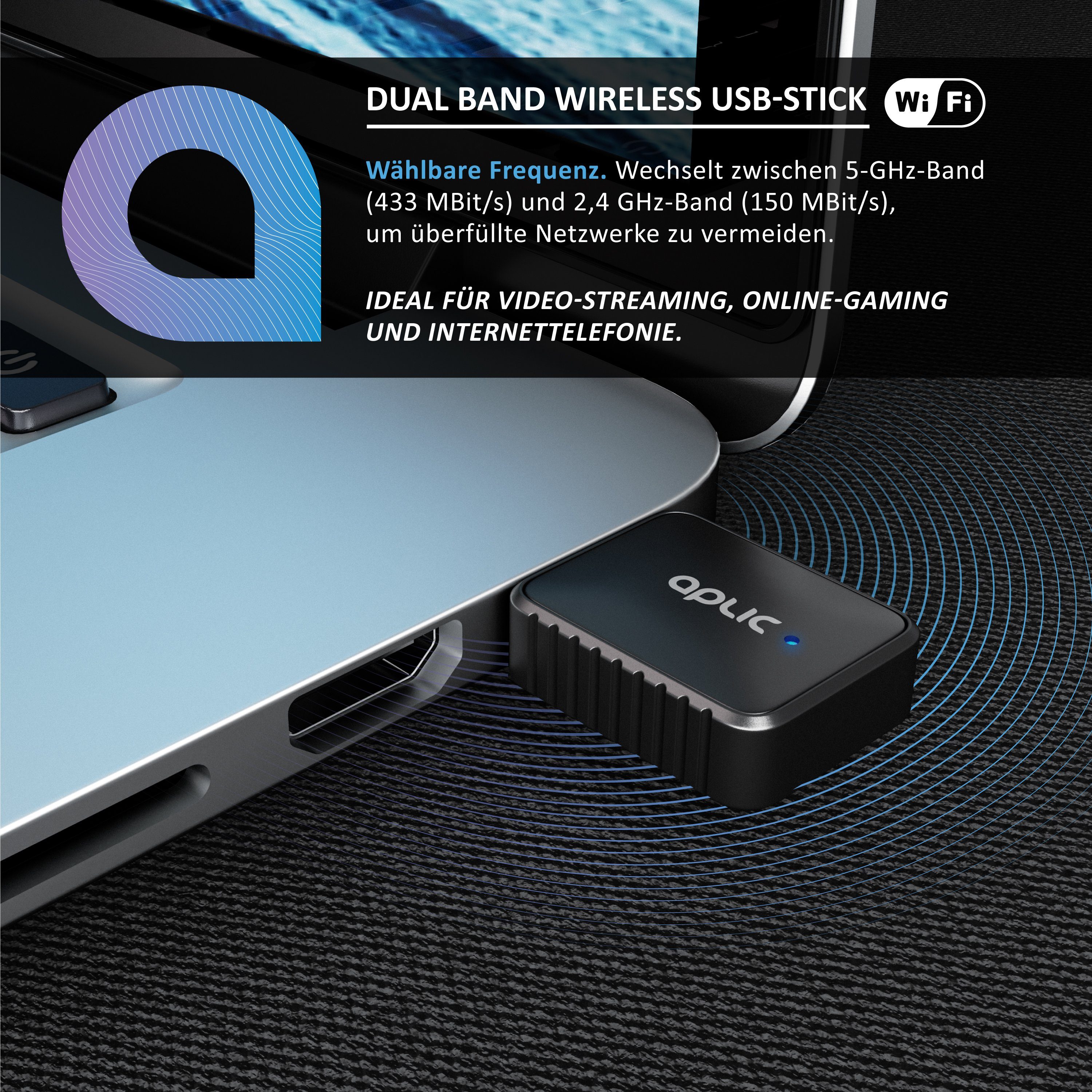 Aplic WLAN-Dongle, WiFi Stick Dual Band 600 MBit/s 2,4 GHz + 5 GHz / 802.11 ac/n/g/b/h