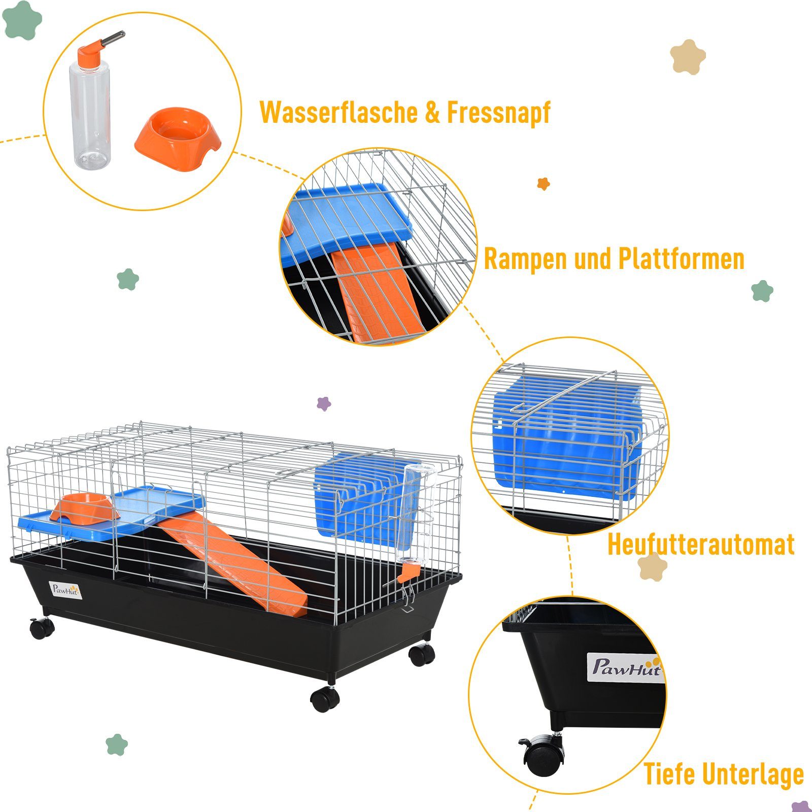 PawHut Kleintierkäfig Rollbarer Nagerkäfig mit Zubehör