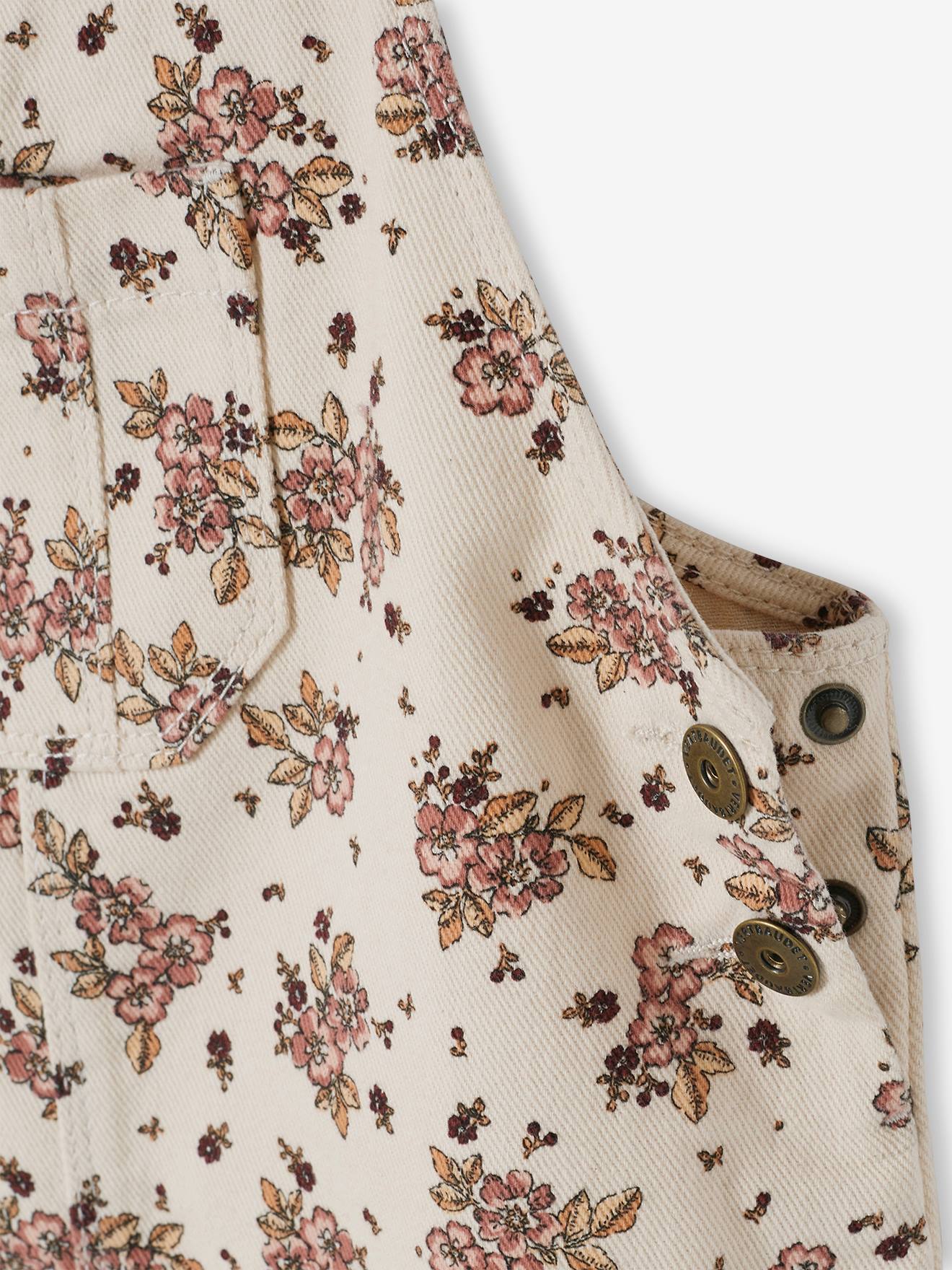 Robe-salopette à fleurs bretelles à volants beige rosé imprimé