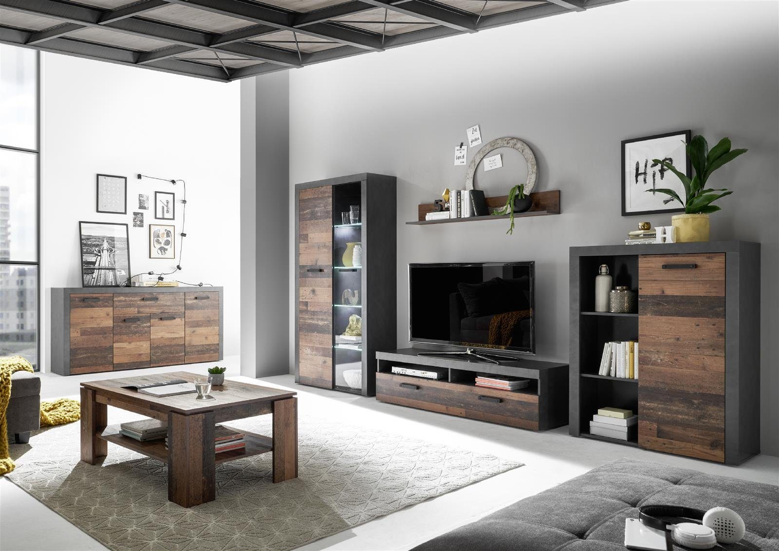 möbelando Wohnwand Johannes, (4-St), Moderne Wohnwand aus Spanplatte, Korpus in Matera, Front in Old Style Dunkel Nachbildung bestehend aus 1 Vitrine, 1 Highboard, 1 TV-Lowboard und 1 Wandboard. LED-Beleuchtung inklusive. Stellmaß ca. Breite 340 cm,