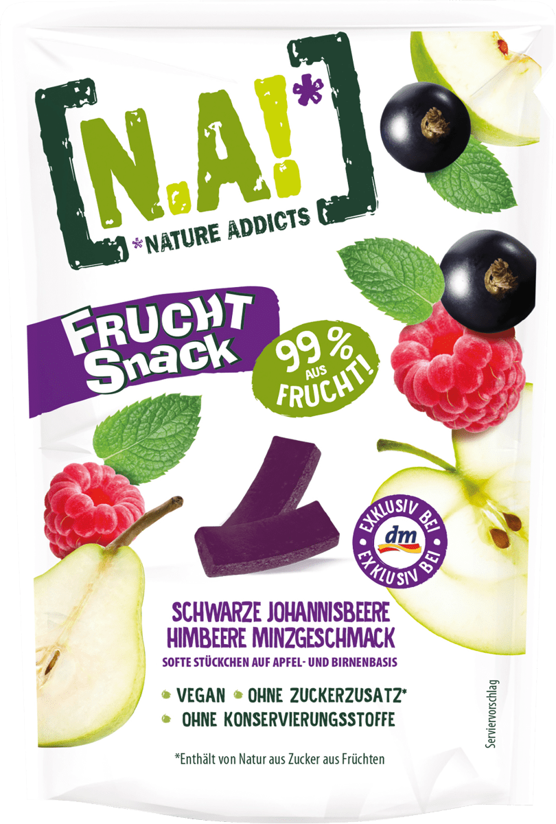 Fruchtsnack, Schwarze Johannisbeere Himbeere Minzgeschmack, softe Stückchen auf Apfel- & Birnenbasis, 35 g