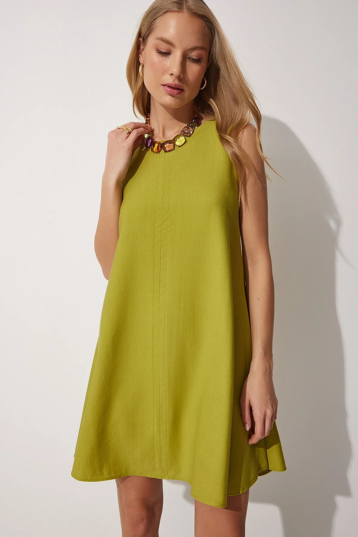 Happiness İstanbul  Pistaziengrünes, gewebtes A-Linien-Sommerkleid für Damen BF00067
