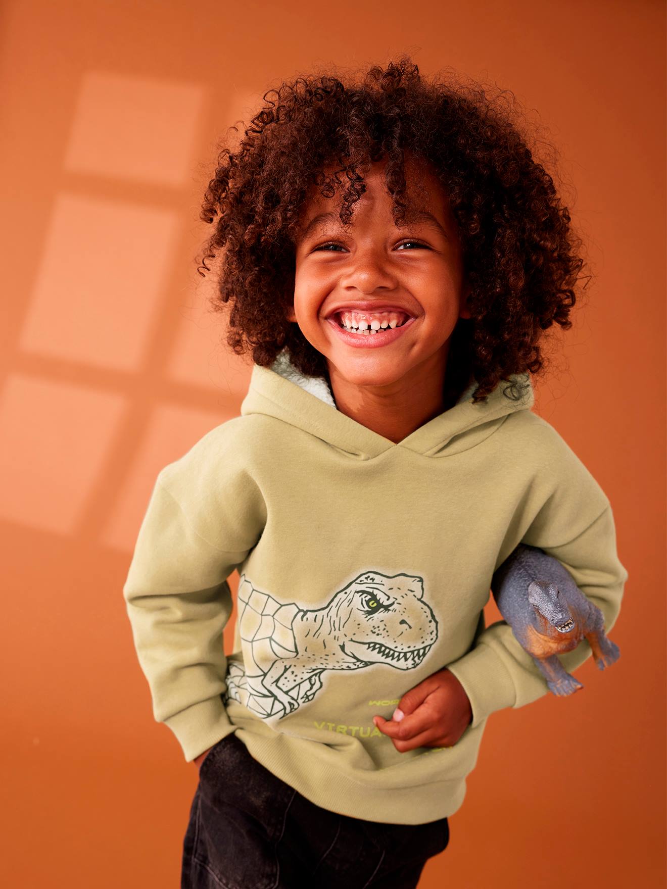 Vertbaudet Jungen Dino-Kapuzensweatshirt - olivgrün