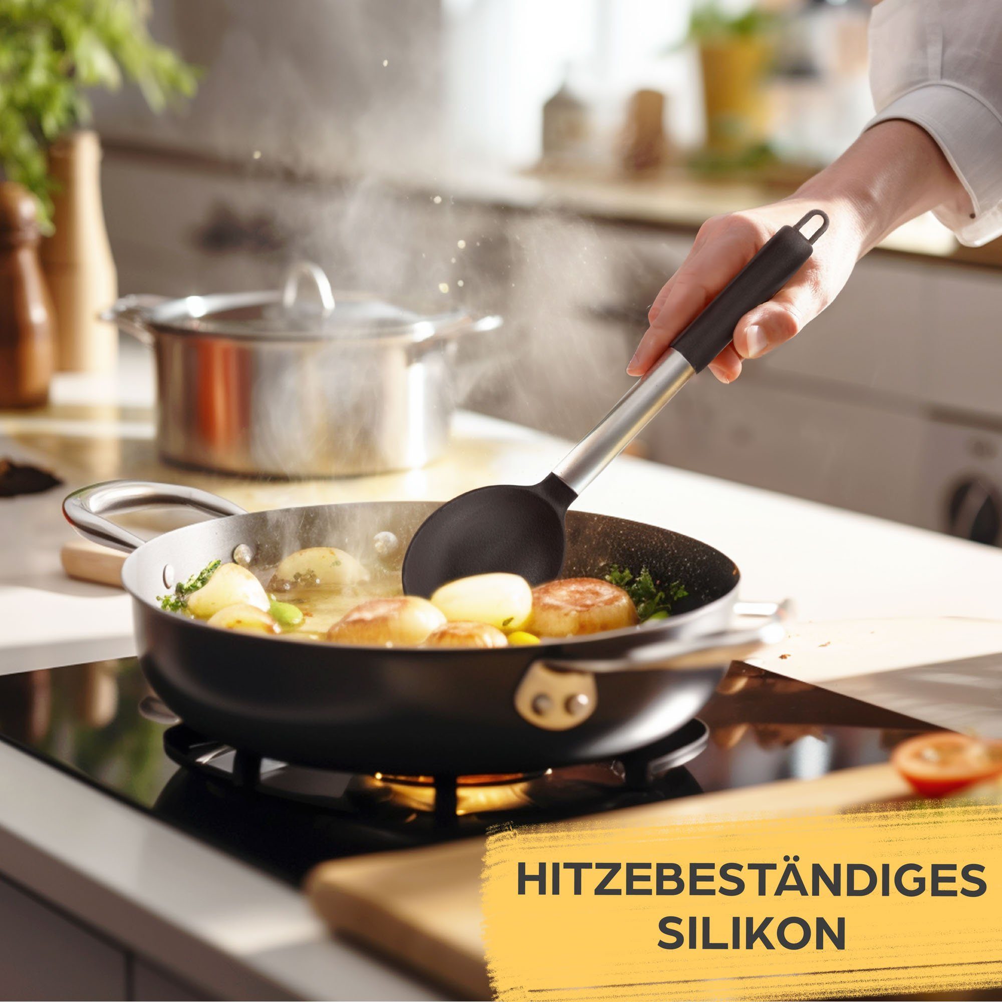Praknu Kochbesteck-Set - 8 Silikon Küchenhelfer, Edelstahl Kochgeschirr Küchenutensilien (Set, 8-tlg), Küchen Accessoires Zubehör Haushalt Set & Halterung / Aufhängeschlaufe