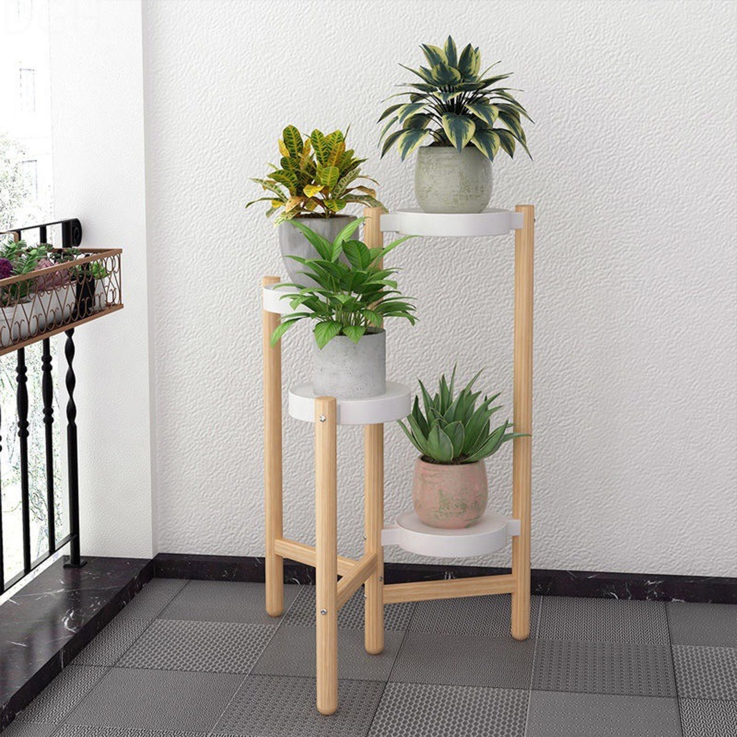 Kpaloft Blumenständer Holz 4 Ebenen Pflanzenregal rund, 78cm Höhe, 18 cm breite PP-Schale, Blumenhocker für den Garten, Wohnzimmer, Schlafzimmer, Terrasse
