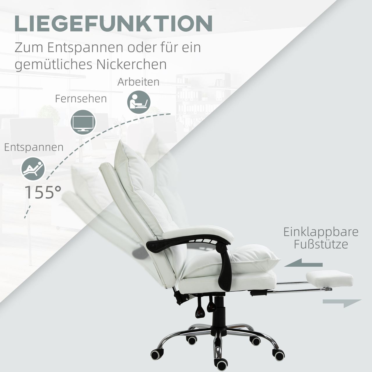 Vinsetto Bürostuhl mit Fußstütze höhenverstellbarer Schreibtischstuhl Drehstuhl Rückenlehne Kunstleder Weiß 66 x 72 x 122-130 cm