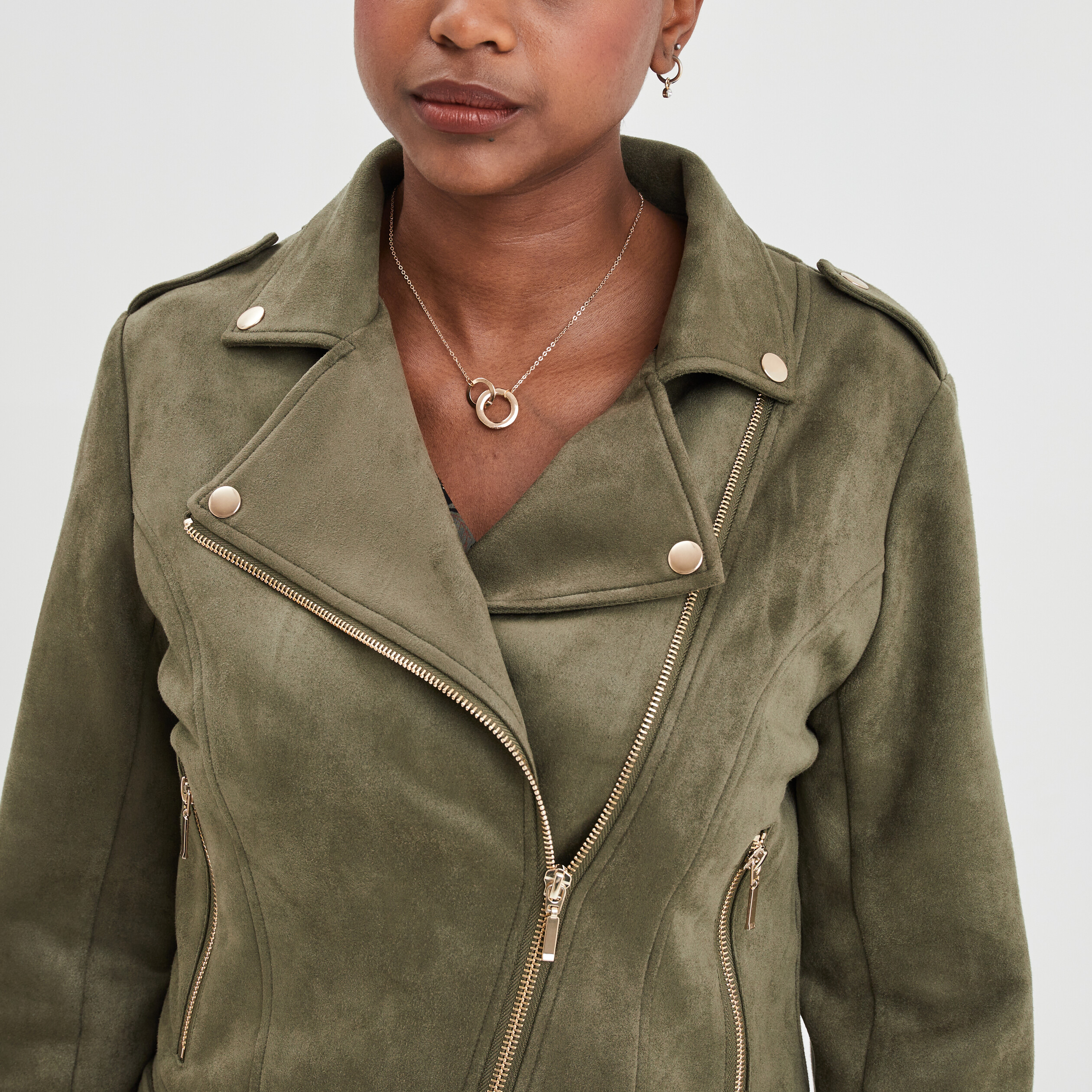 Veste esprit biker effet suédine vert kaki femme | La Halle