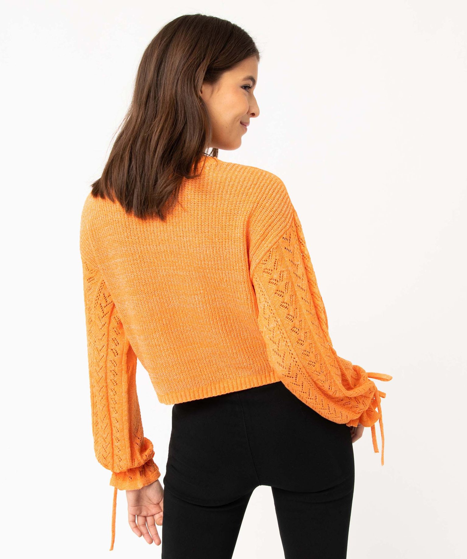 Pull femme coupe courte en maille ajourée orange | GEMO
