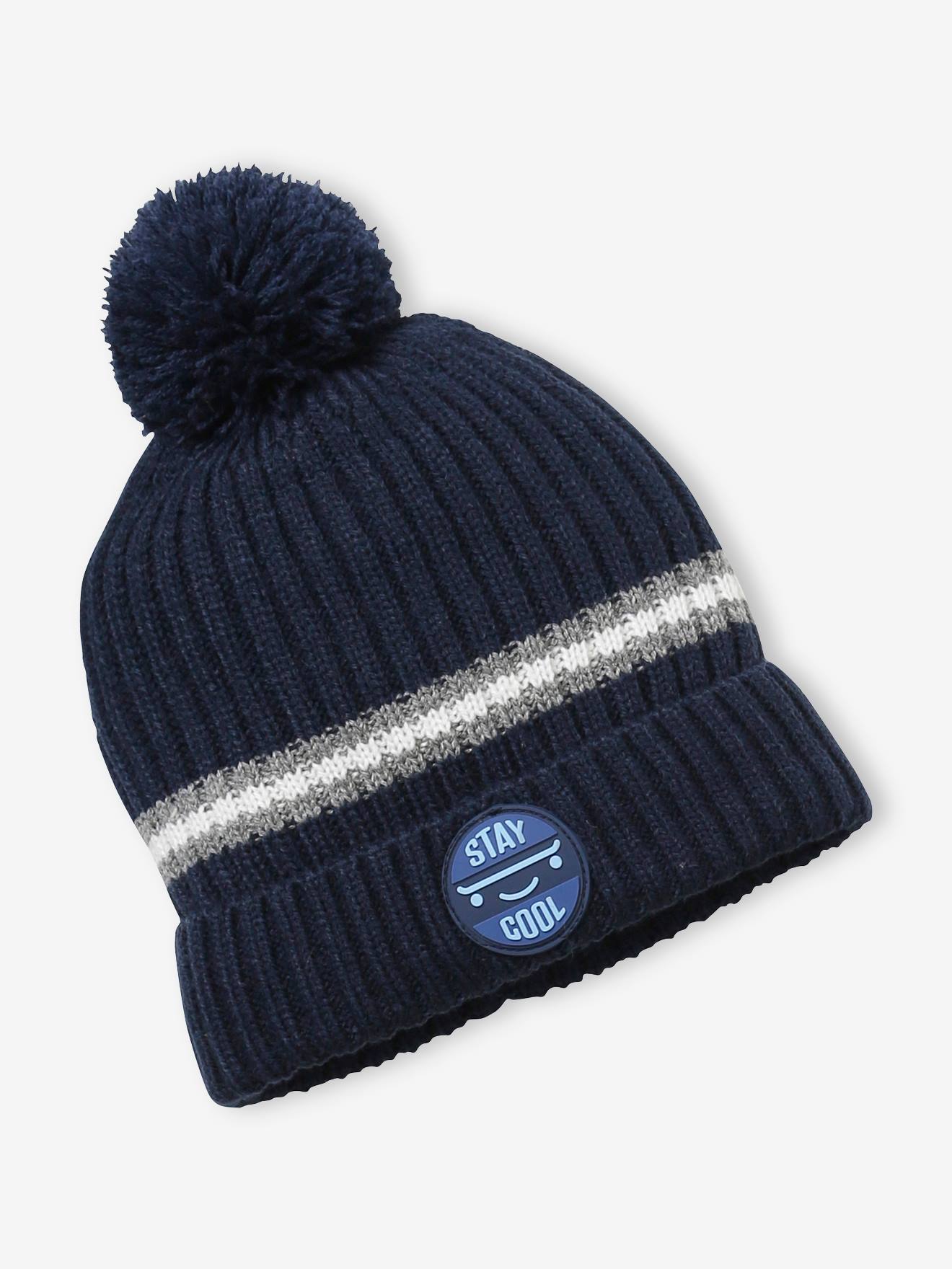 Ensemble garçon bonnet + snood + gants en maille côtelée BASICS marine