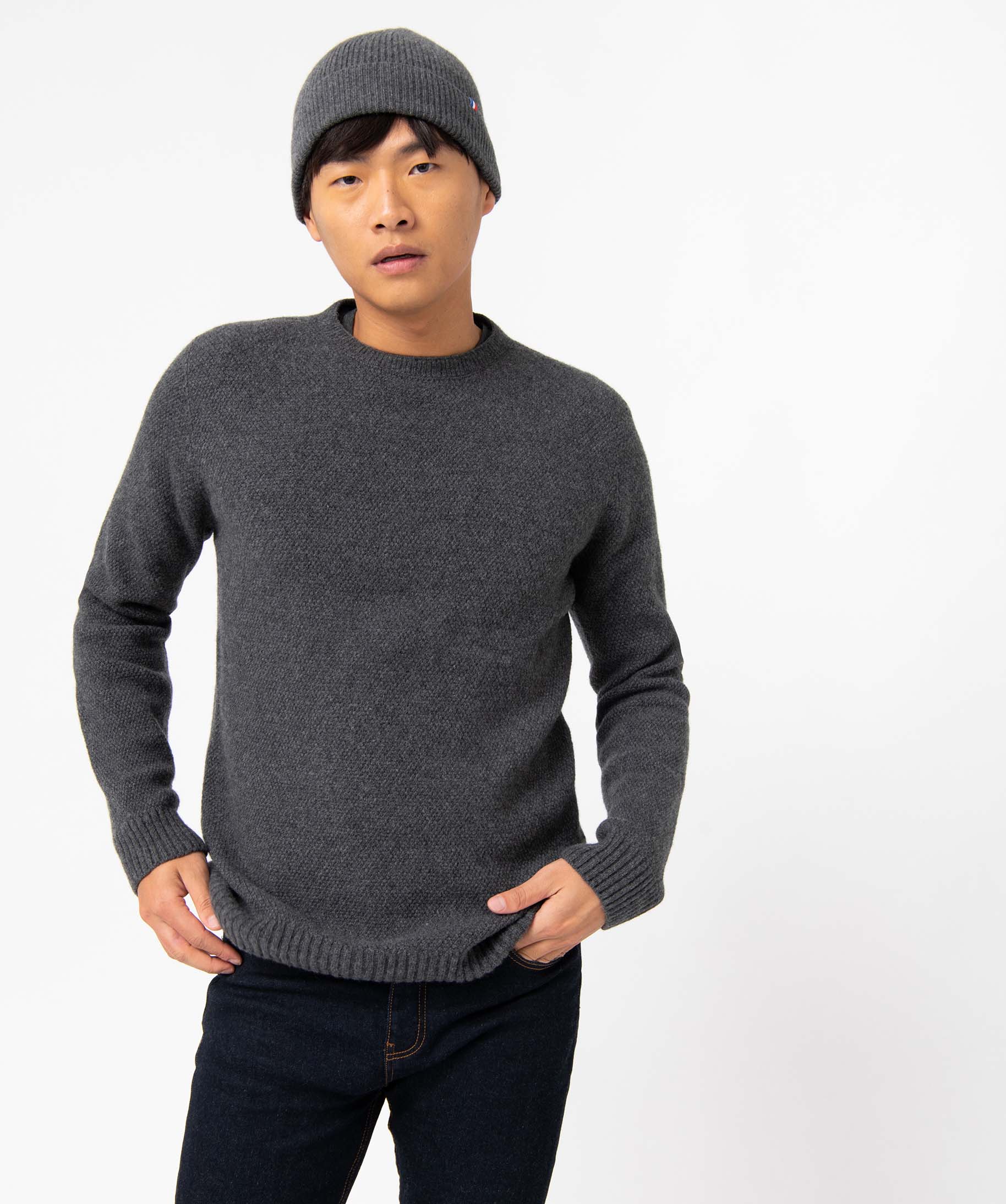 Pull homme contenant de la laine en maille 3D innovante gris fonce | GEMO