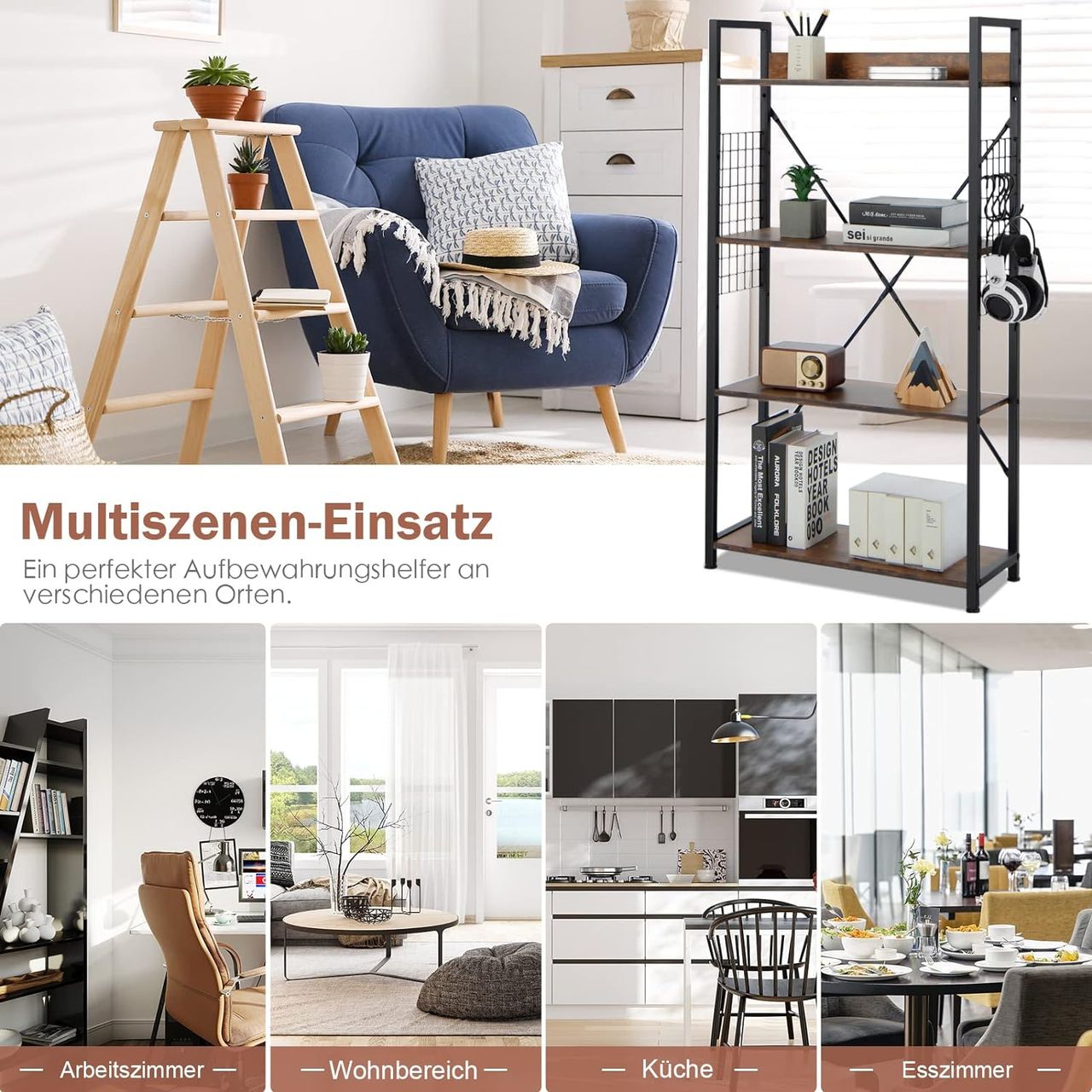Costway Bücherregal Industriell, Standregal mit 4 Ebenen