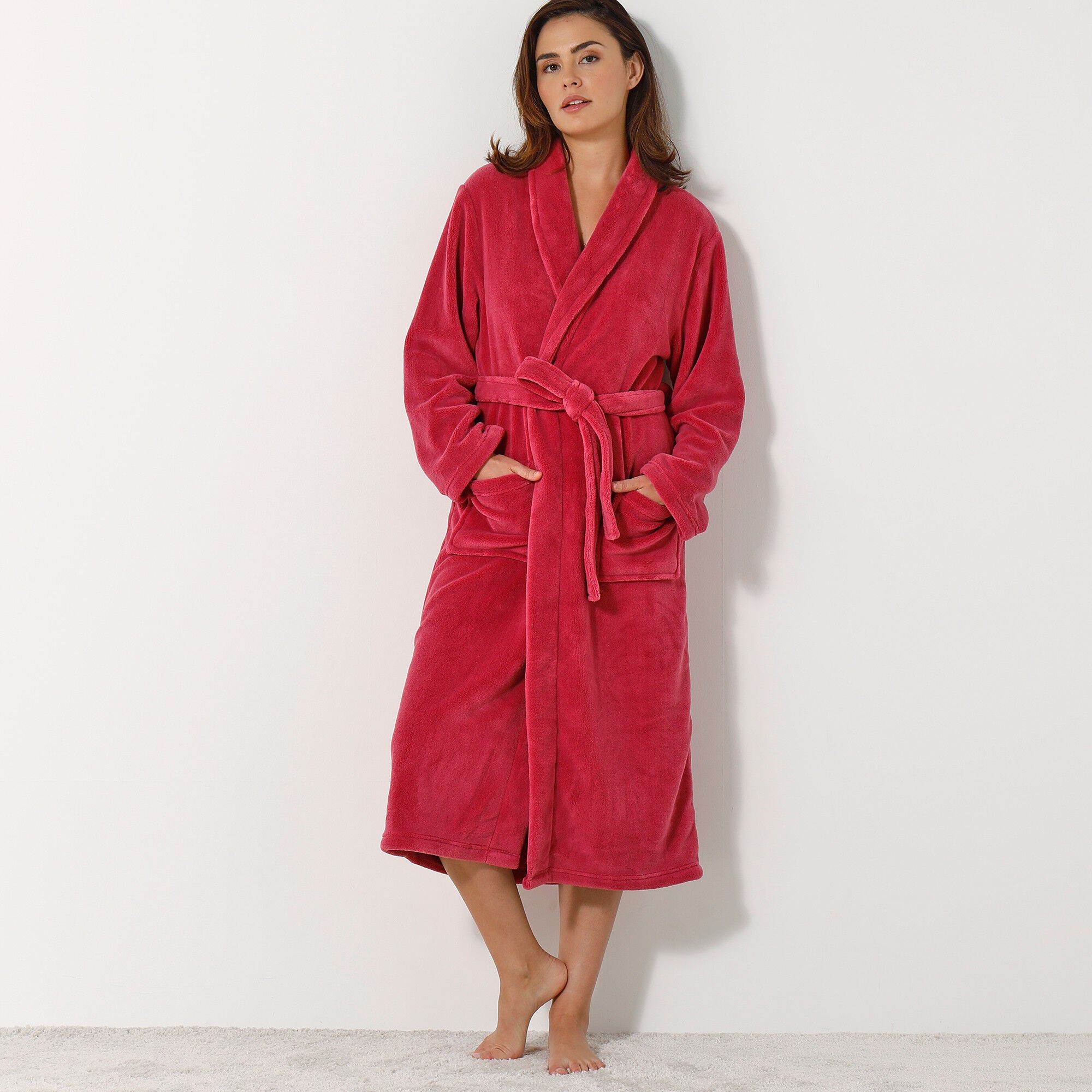 Peignoir mixte adulte col châle, microfibre toucher peluche