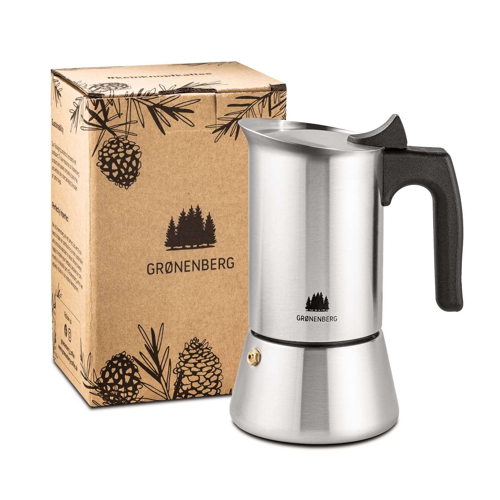 GRØNENBERG Espressokocher Edelstahl Espressokanne 1-2 Tassen, 0.1l Kaffeekanne, Inkl. Ersatz-Dichtung, Unbeschichtet & frei von Aluminium