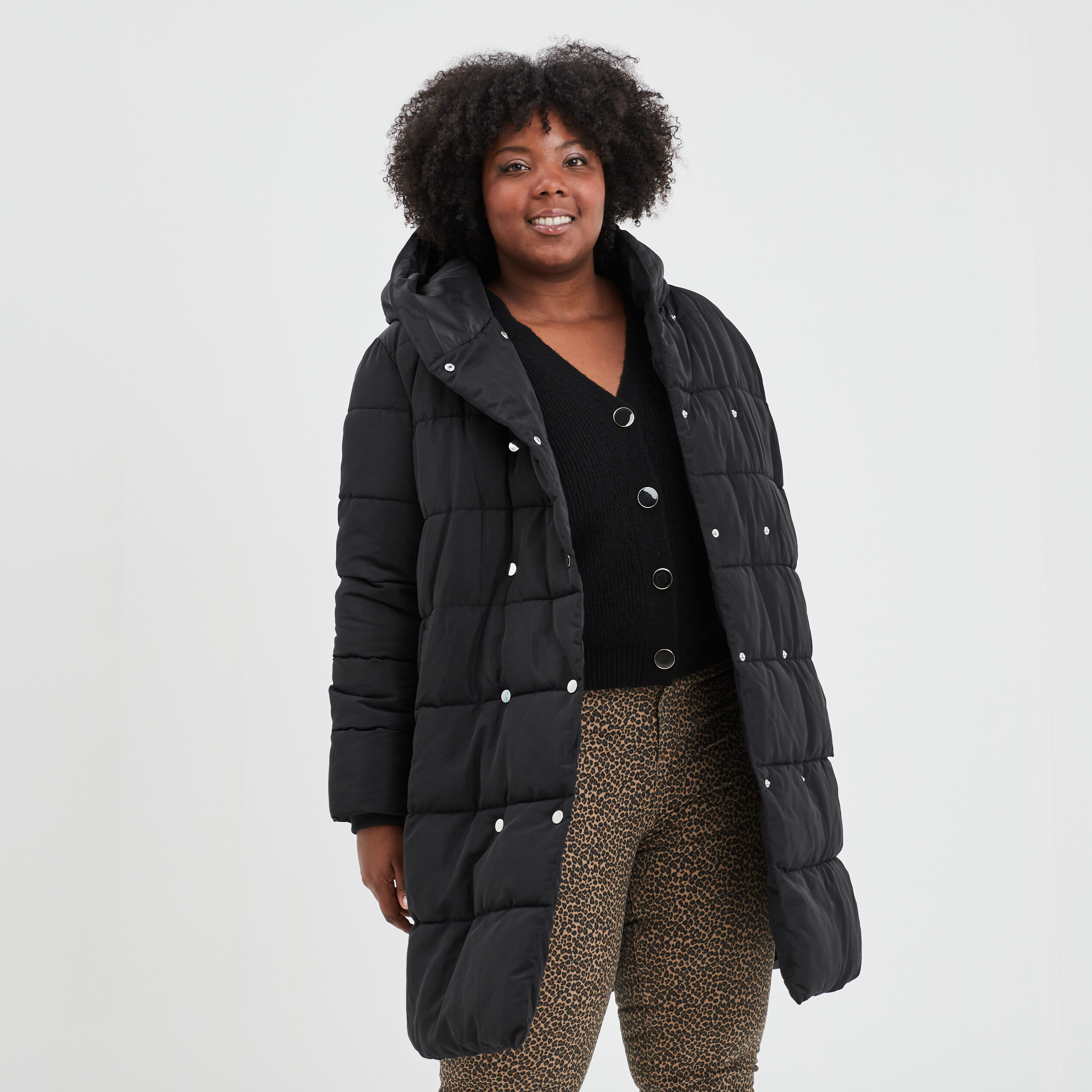Manteau matelassé col montant châle noir femme grande taille | La Halle