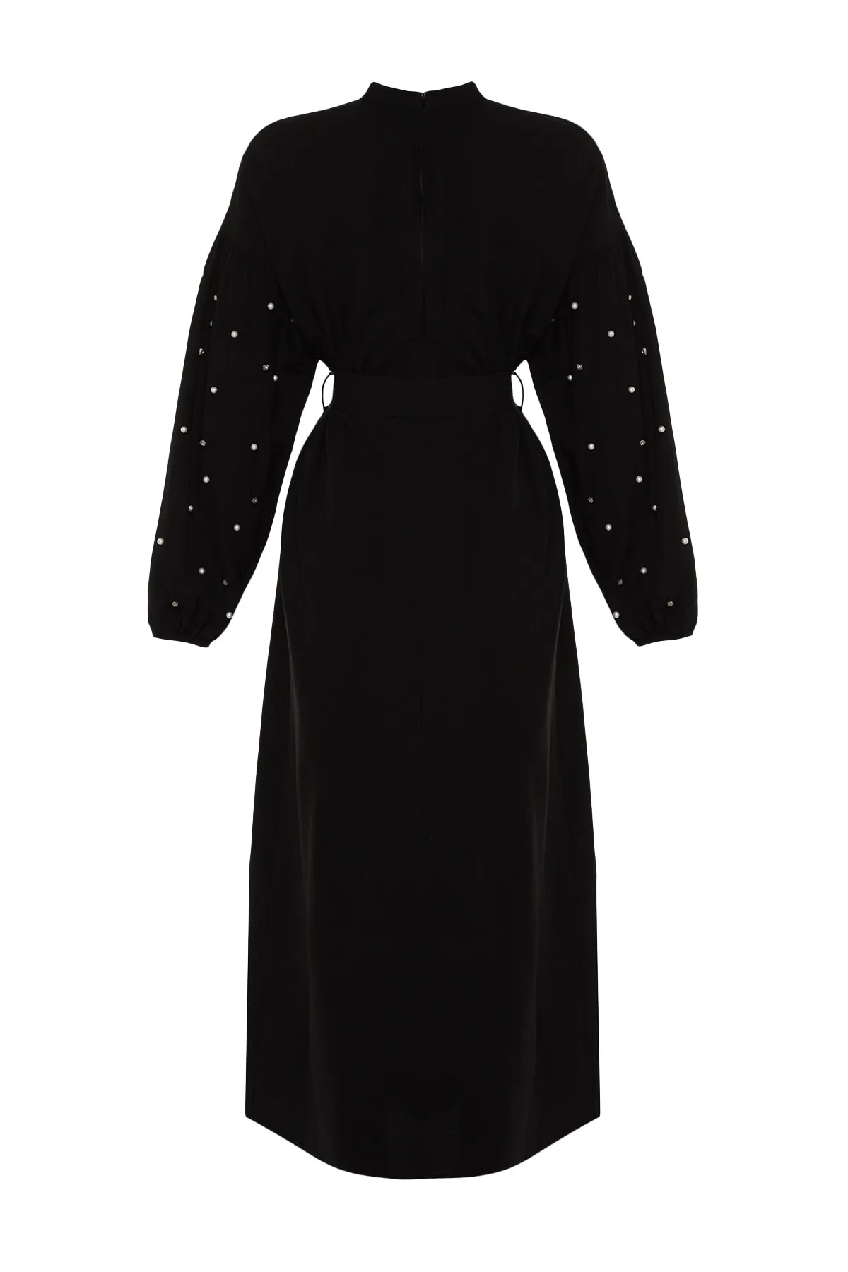 Trendyol Modest  Schwarzes gewebtes Kleid mit Gürtel, Perlen- und Steindetails TCTSS23EB00148