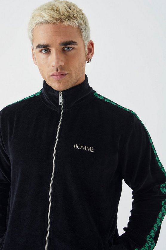 Velour Trainingsoberteil mit Reißverschluss und Jacquard-Streifen