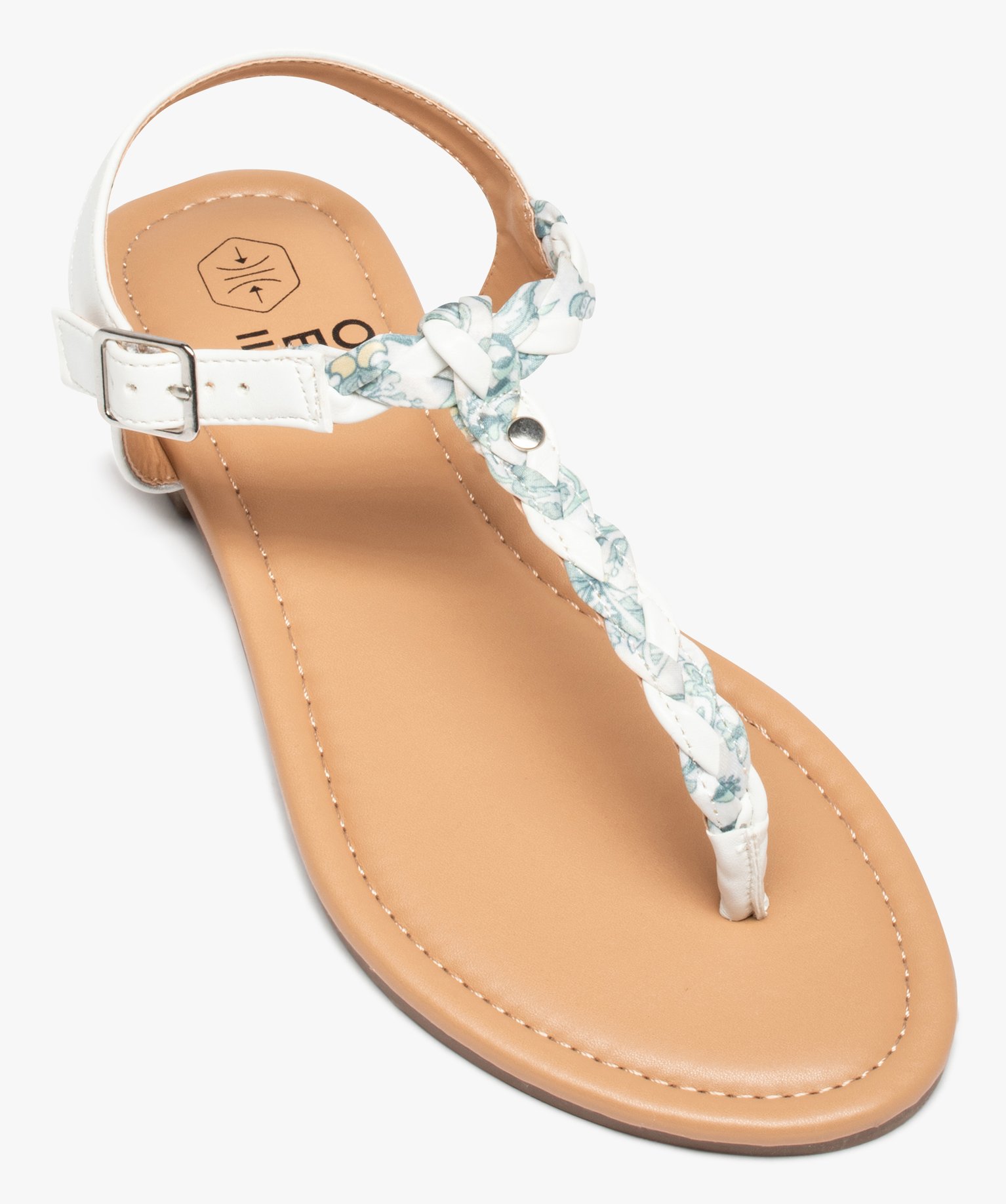 Sandales femme à talon plat et entre-doigts tressé blanc | GEMO
