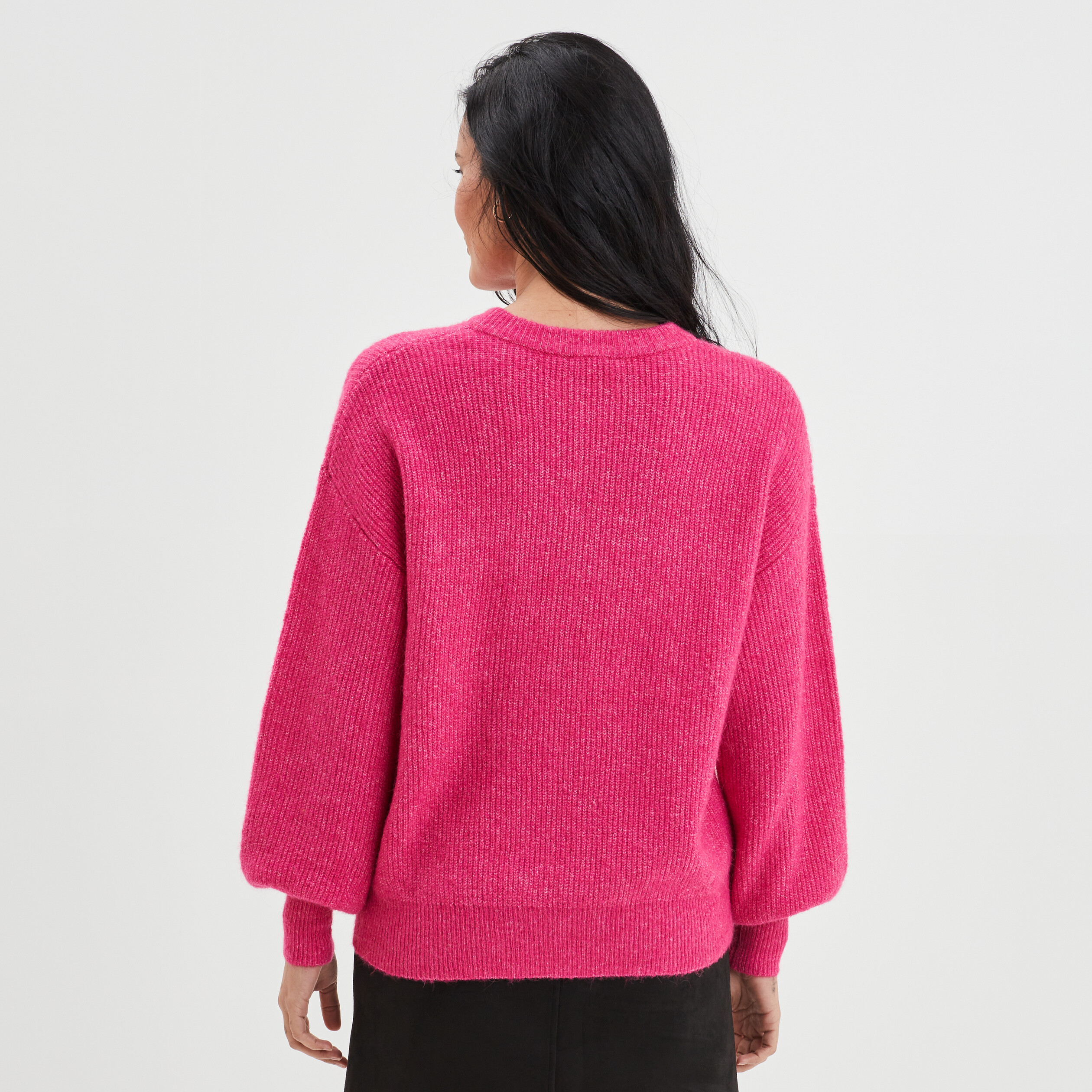 Pull col rond manches ballons rose fushia femme | La Halle