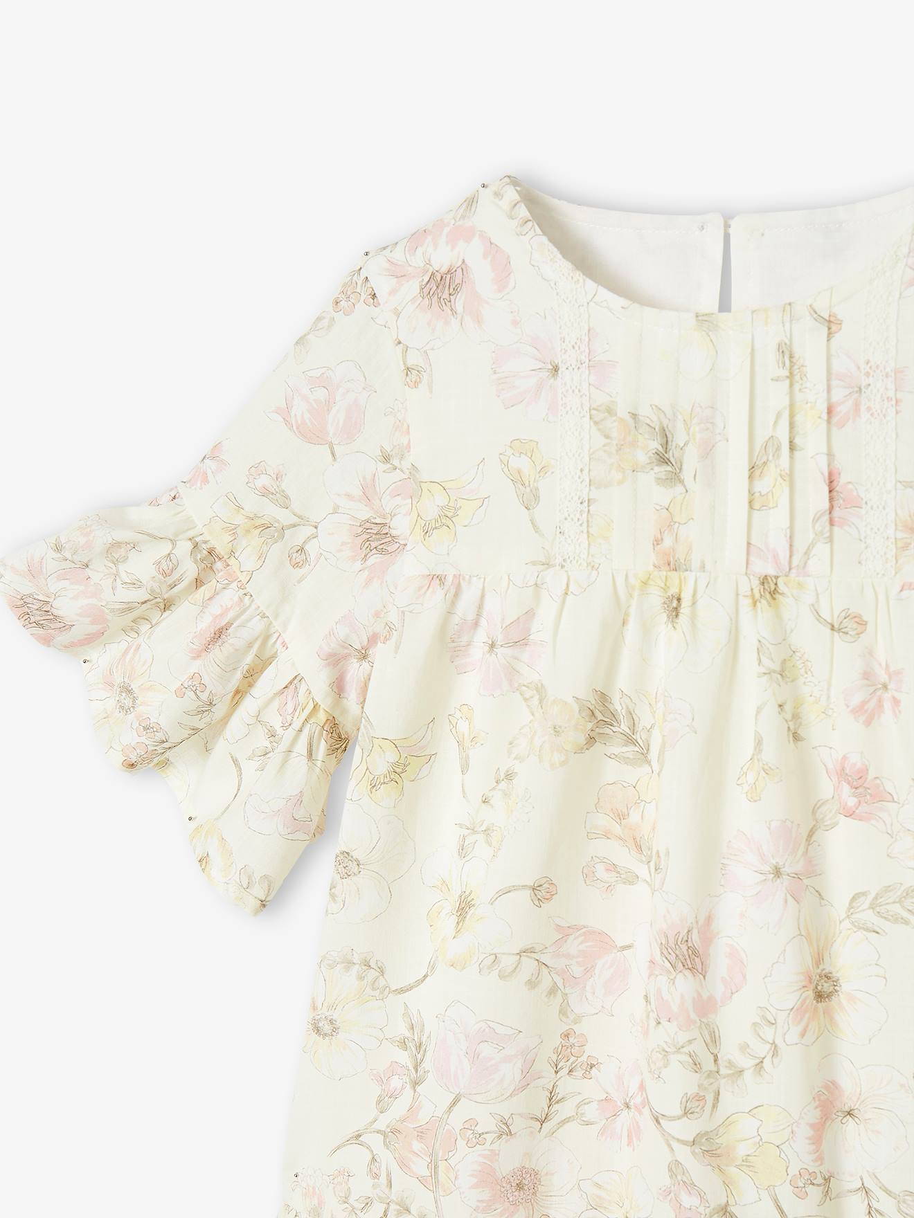 Robe de cérémonie volantée motifs fleurs fille écru
