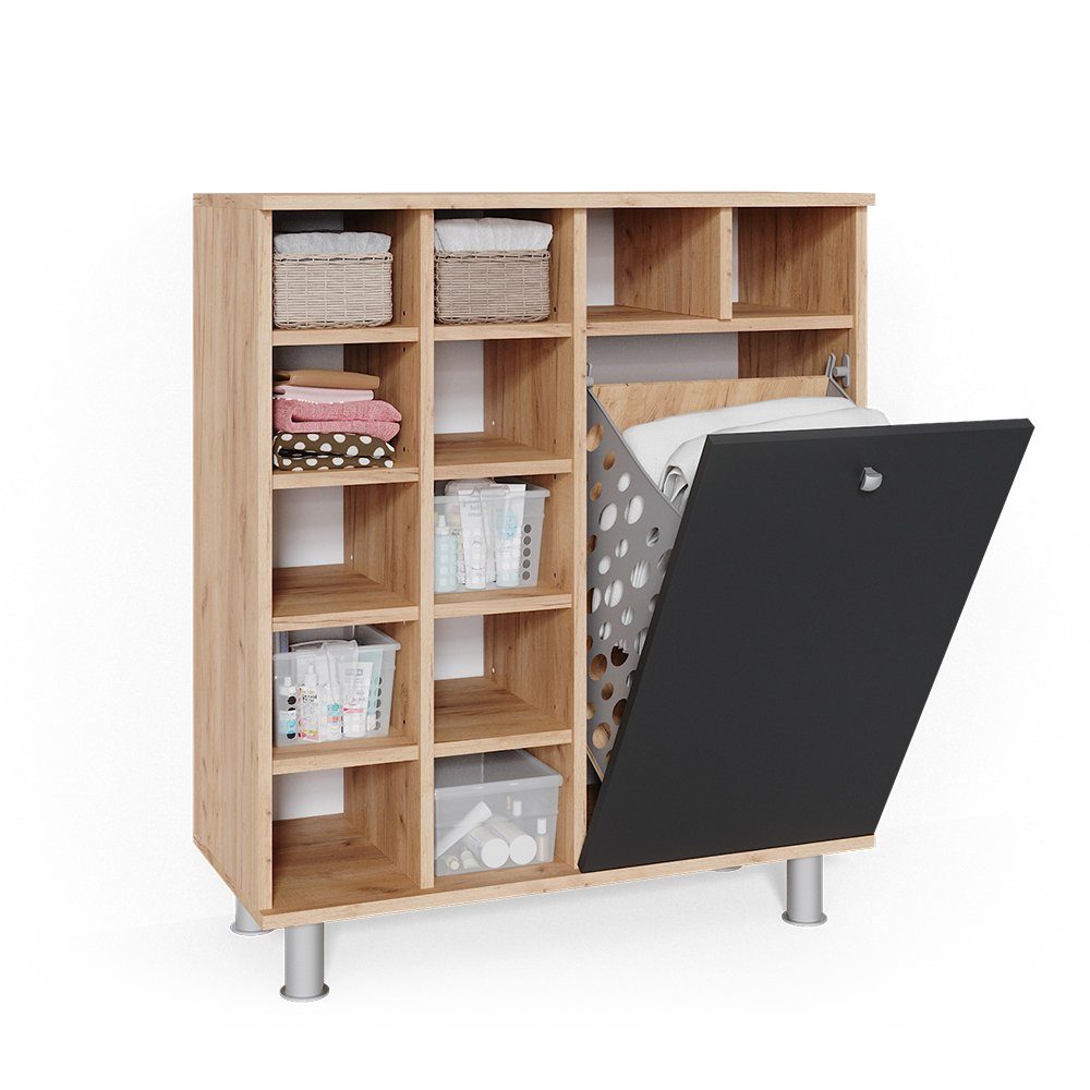 Vicco Wäscheschrank Badschrank mit Wäschekorb FYNN Goldkraft / Anthrazit