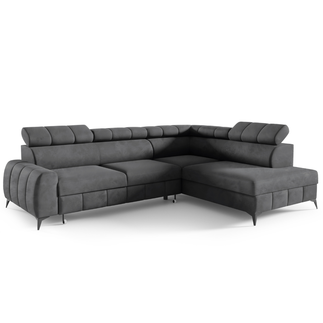 Möbel Punkt Wohnlandschaft Ecksofa Livorno Samt Grau Anthrazit mit Bettkasten Kopfteilverstellung Ottomane rechts