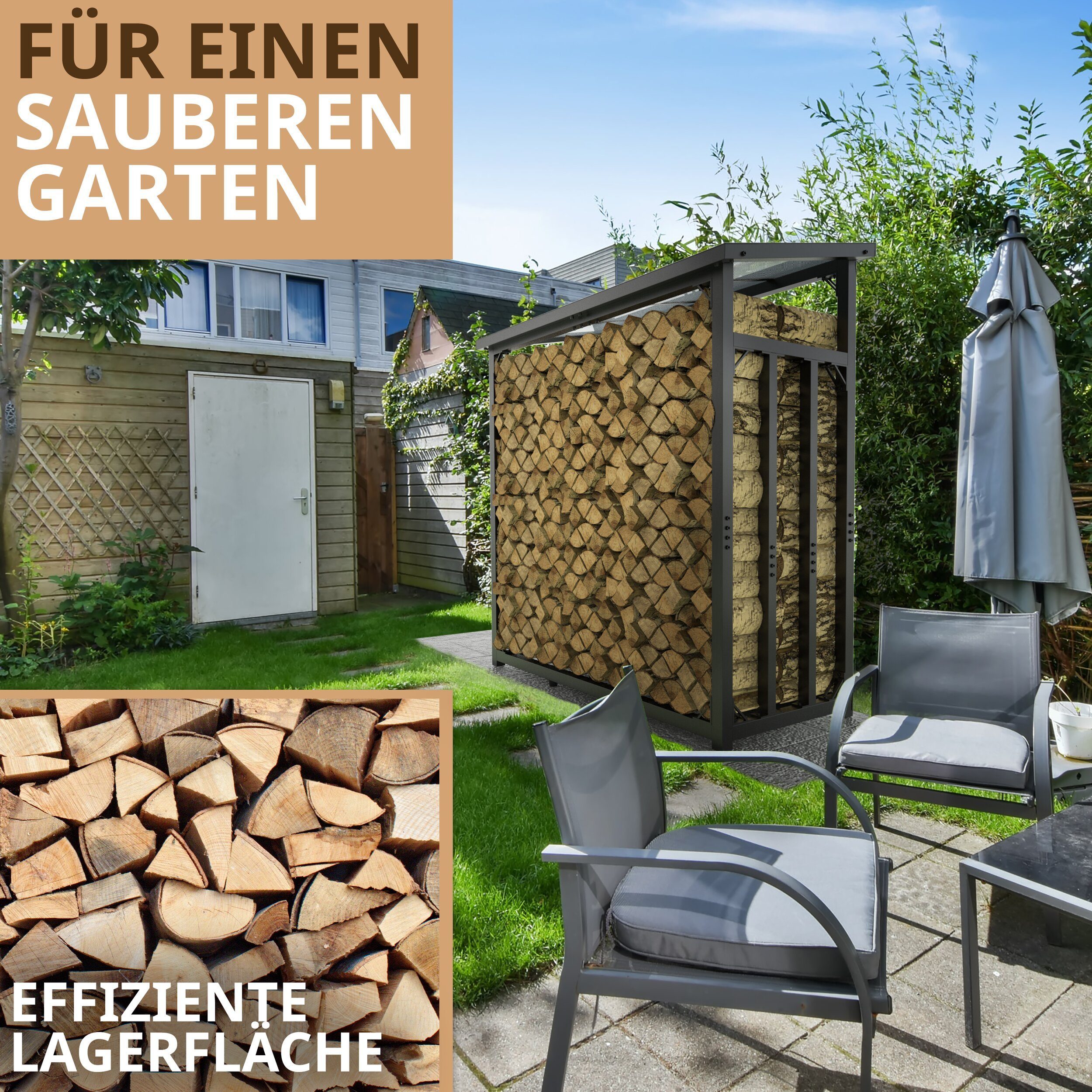 LAWA Living and Lifestyle Kaminholzregal Metall mit Dach VERZINKT Feuerholzregal außen Stapelhilfe Brennholz, BxTxH:188x70x188 cm, (Kaminholzunterstand, Brennholzregal), Stahl, 3t, für ca. 2,3³ RM, schwarz, schwere Qualität