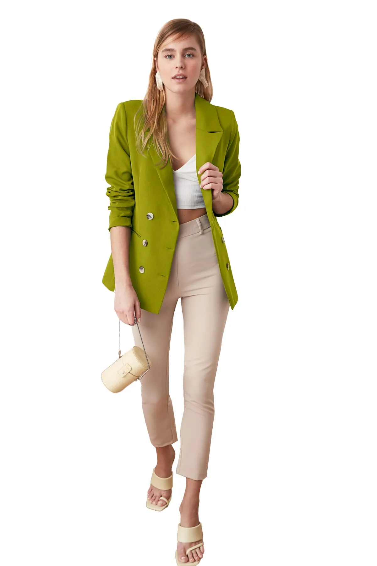 Trendyol Collection  Khakifarbene, gefütterte, zweireihige Blazerjacke aus Webstoff mit Knopfleiste TWOSS21CE0029