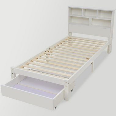 OKWISH Massivholzbett Kinderbett (90x200cm Weiß), mit Schubladen und Lattenrost,Bücherregal