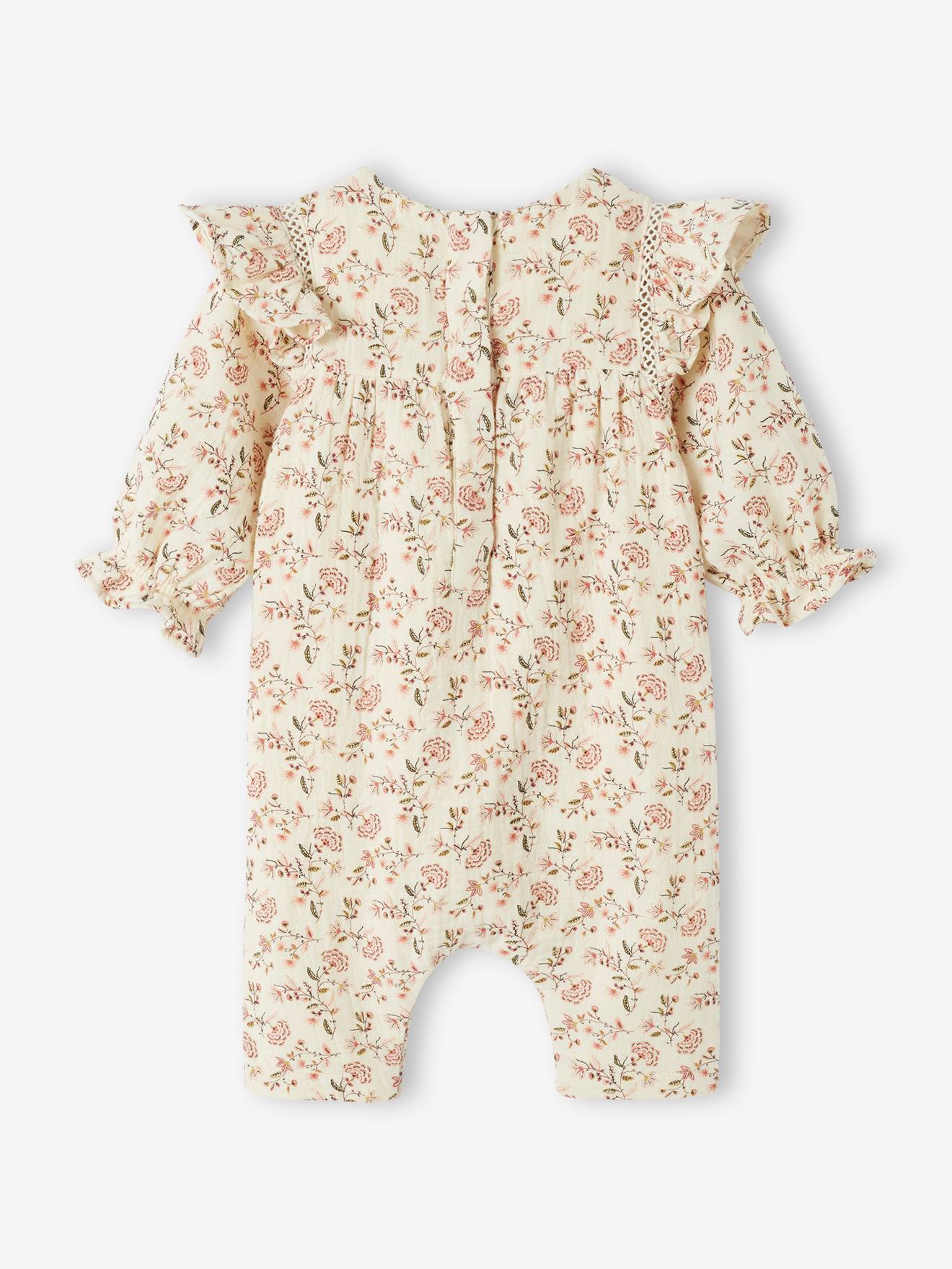 Combinaison volantée en gaze de coton bébé doublée écru