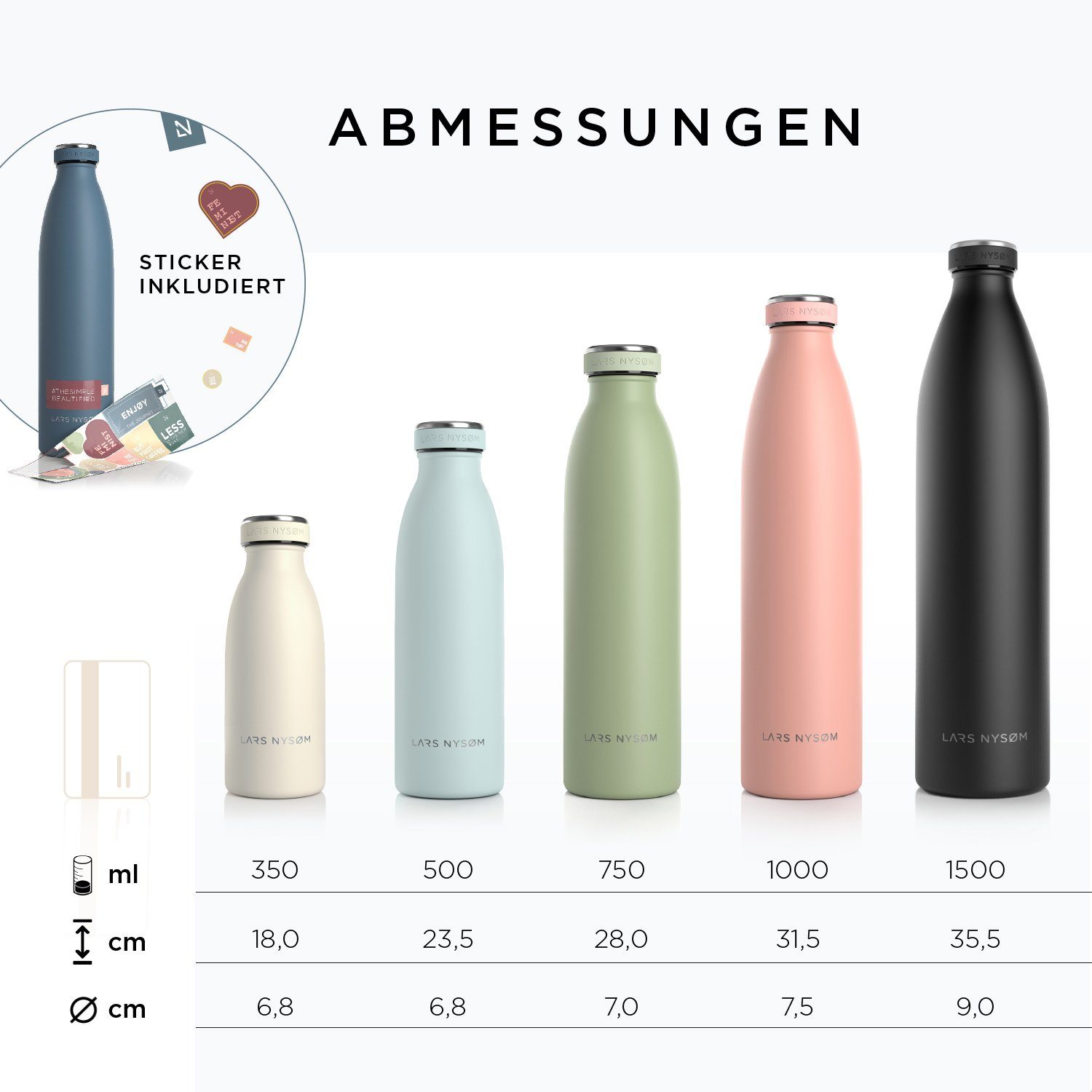 LARS NYSØM Isolierflasche Ren, BPA-Freie Thermosflasche 350ml 500ml 750ml 1l 1,5l